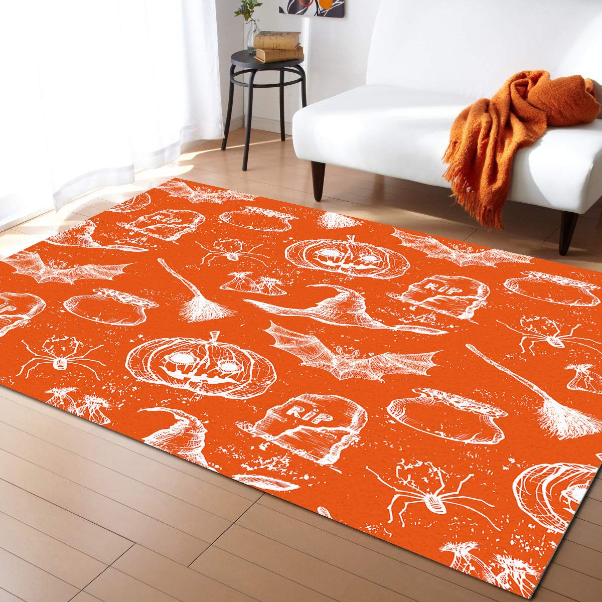 FunkyHome 5x8ft Halloween Area Rug - Non Slip Pumpkin Witch Bat Spider Design for Living Room, Bedroom, Nursery | Indoor Outdoor Decor for Halloween Party & Seasonal Home Decor