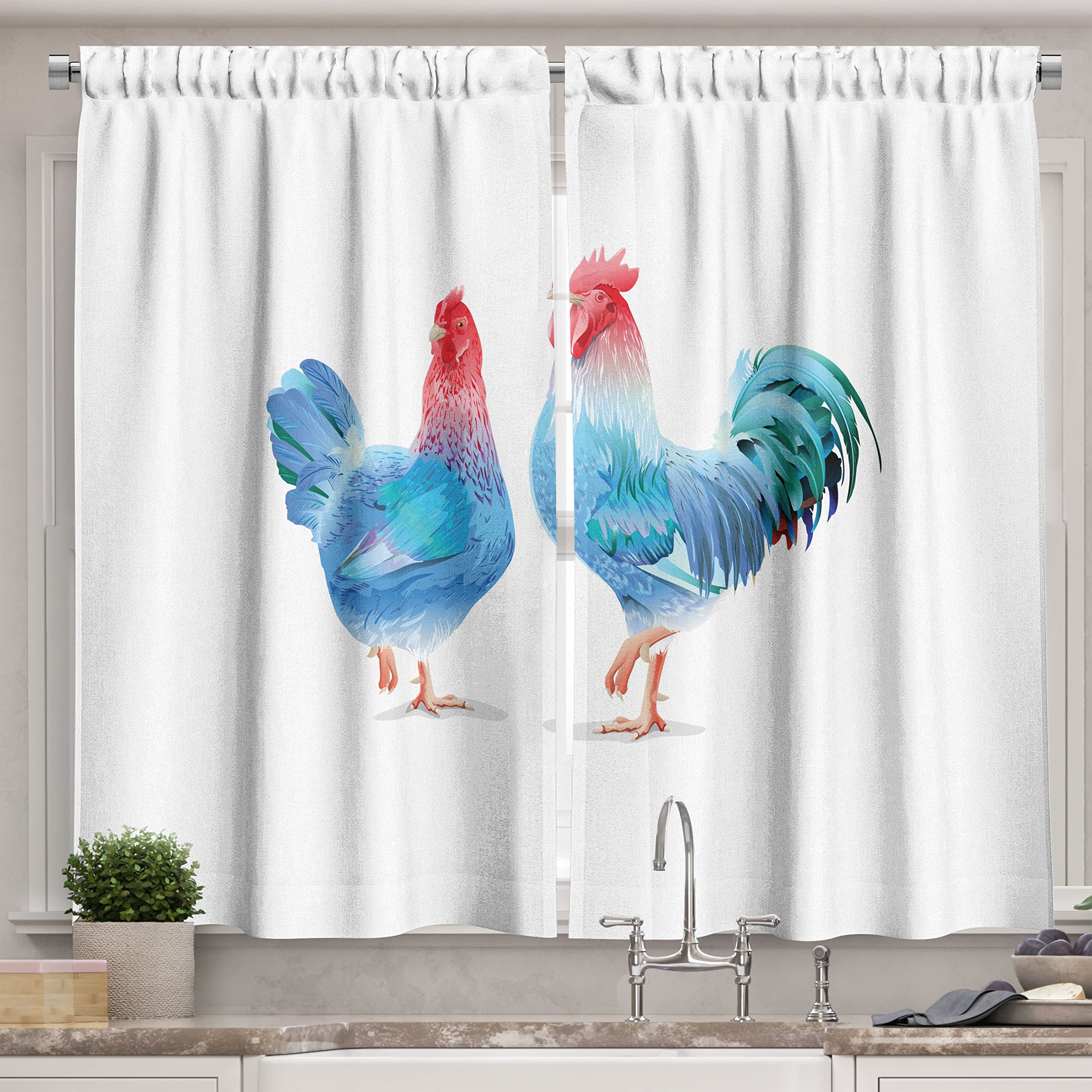 Blue Rooster & Hen Abstract Farm Animal Kitchen Curtains - 2 Panel Set for Window Drapes (55x39 inches) | Farmhouse & Cafe Decor | Perfect for Country Kitchen, Diner, or Breakfast Nook