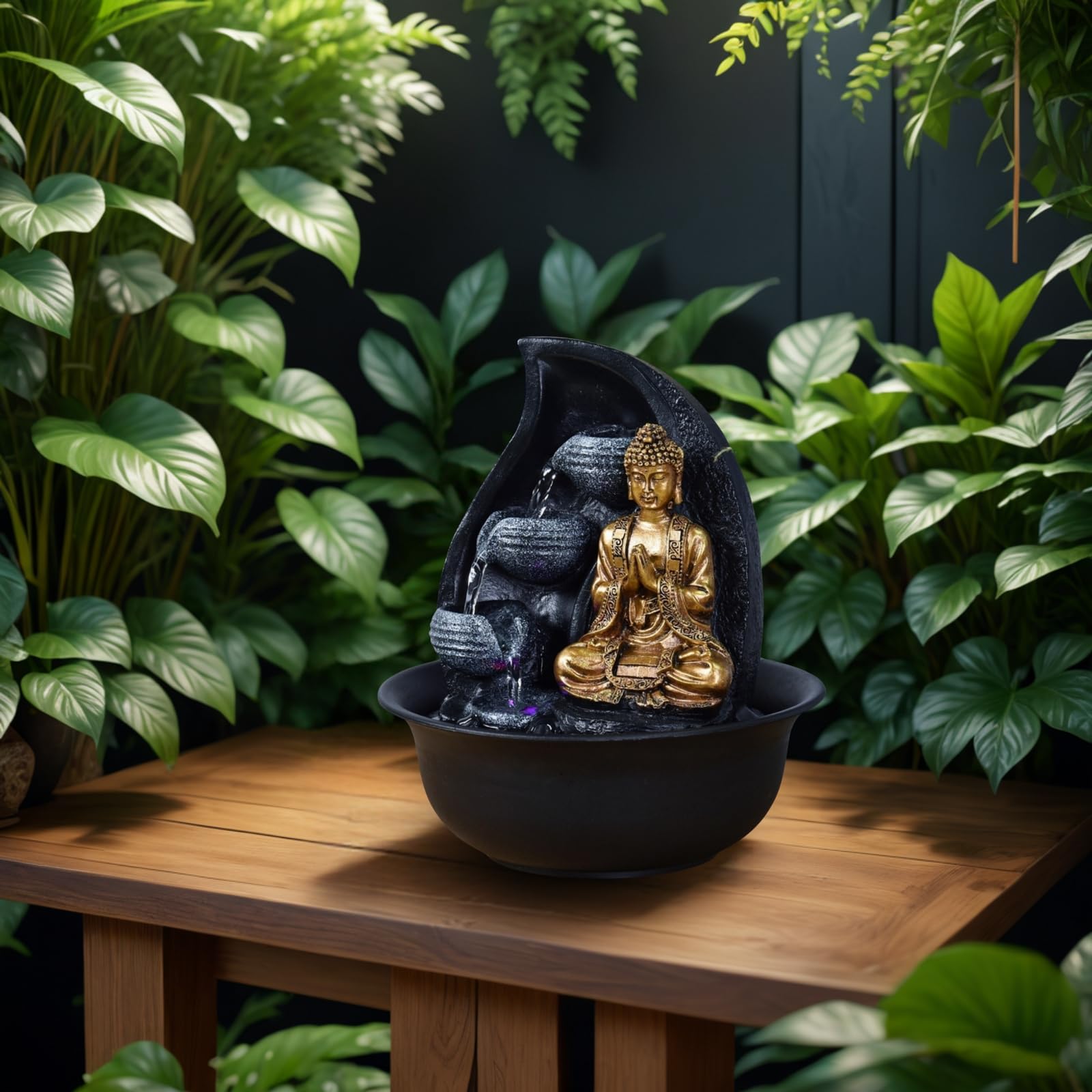 Zen Light Praya - Indoor Water Fountain with LED Lights and Pump, Resin Golden Fountain for Home Decor, Office Relaxation & Meditation Space