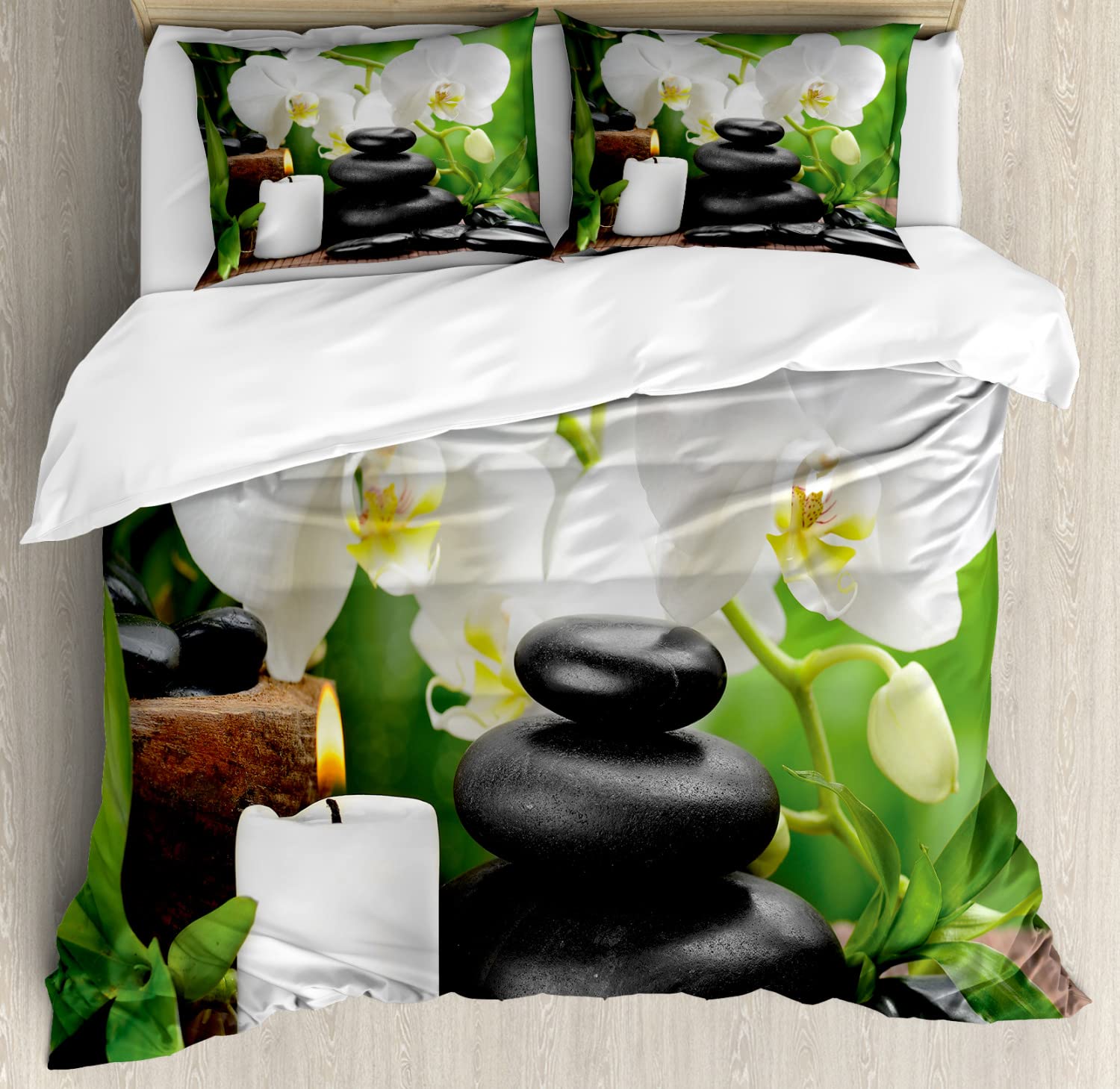 Ambesonne Spa Duvet Cover Set - 2 Pack California King Size, Black White & Green | Hot Stone Massage & Orchid Candle Design with Nature Therapy Elements | Includes 2 Duvet Covers & 4 Pillowcases | Perfect for Relaxing Spa Nights, Meditation Rooms & Luxury Bedroom Decor