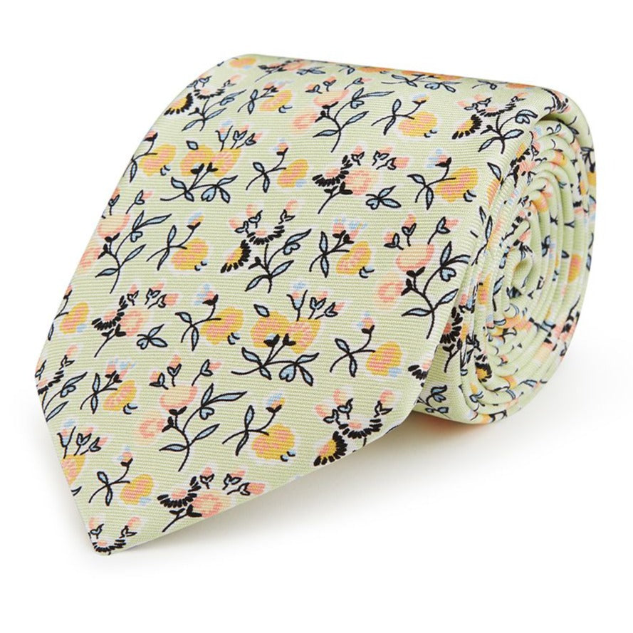 Elegant Green and Yellow Silk Tie with Large Floral Print - Perfect for Weddings, Business Meetings & Formal Occasions