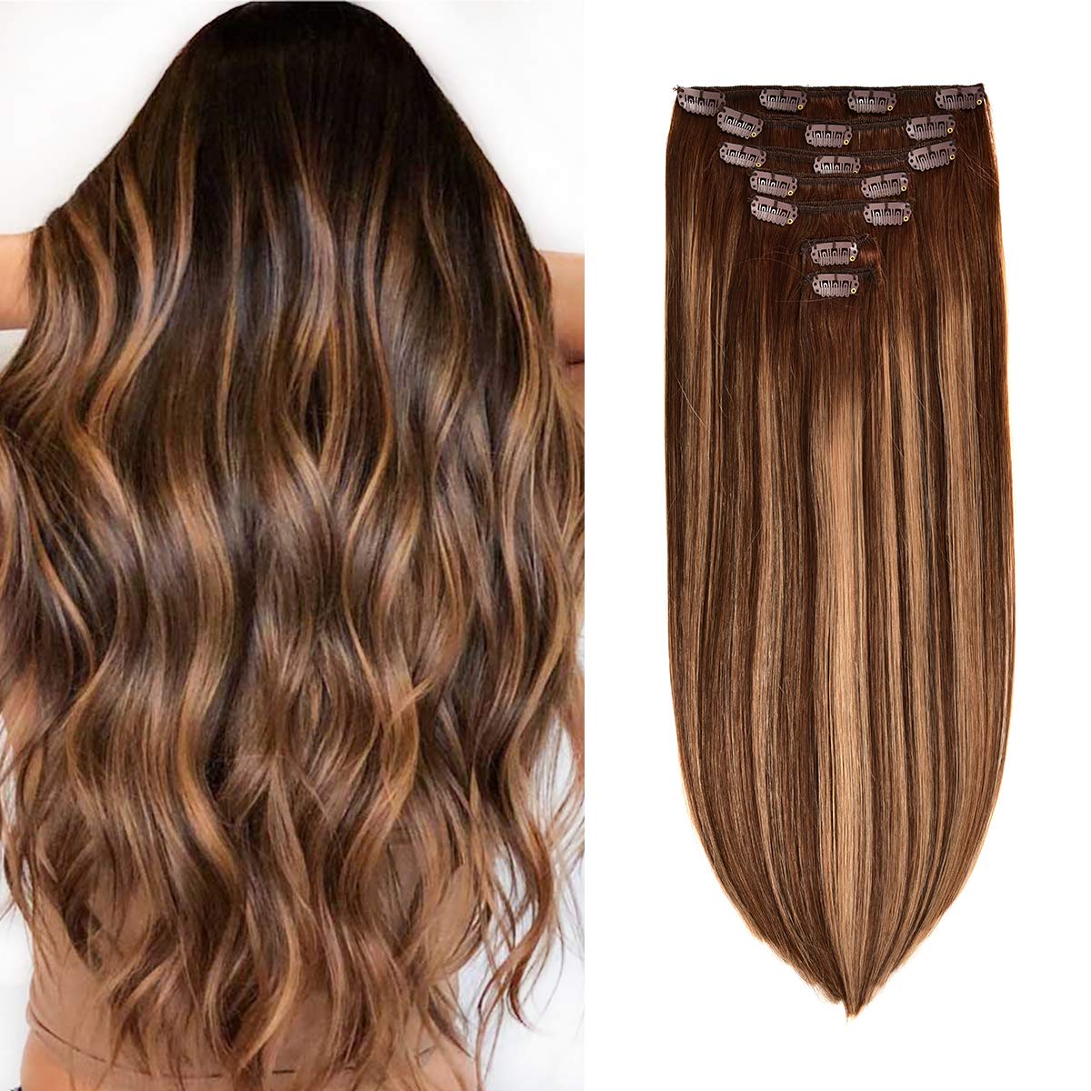 Clip in Hair Extensions 18 Inch Real Human Hair - 7pcs 120g Straight Thickened Extensions #4/27/4 Chocolate Brown Mixed Caramel Blonde - Perfect for Daily Styling, Parties & Special Occasions