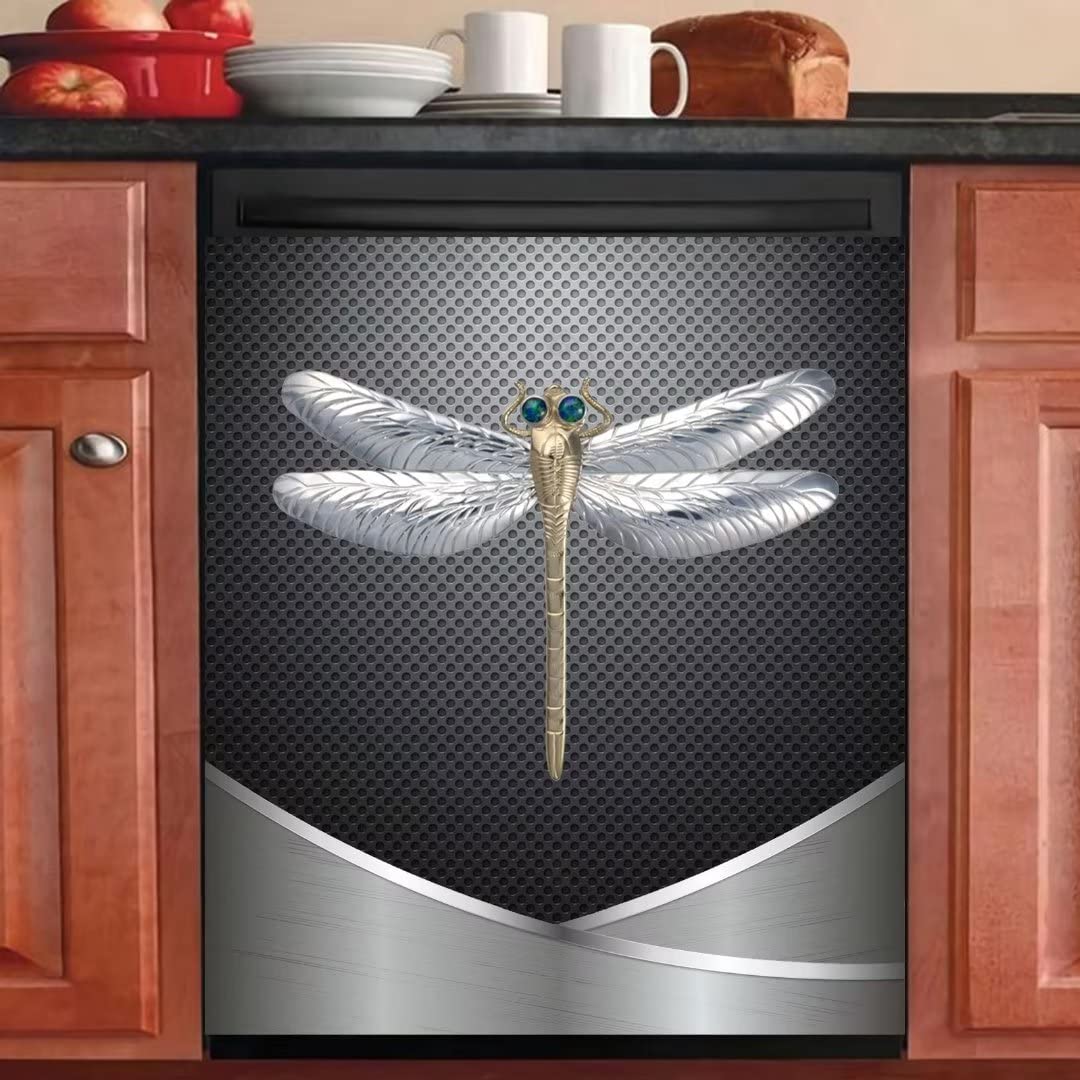 Stainless Steel Dragonfly Dishwasher Magnet Cover - Reusable & Removable Magnetic Panel Decal for Dishwasher & Refrigerator (23