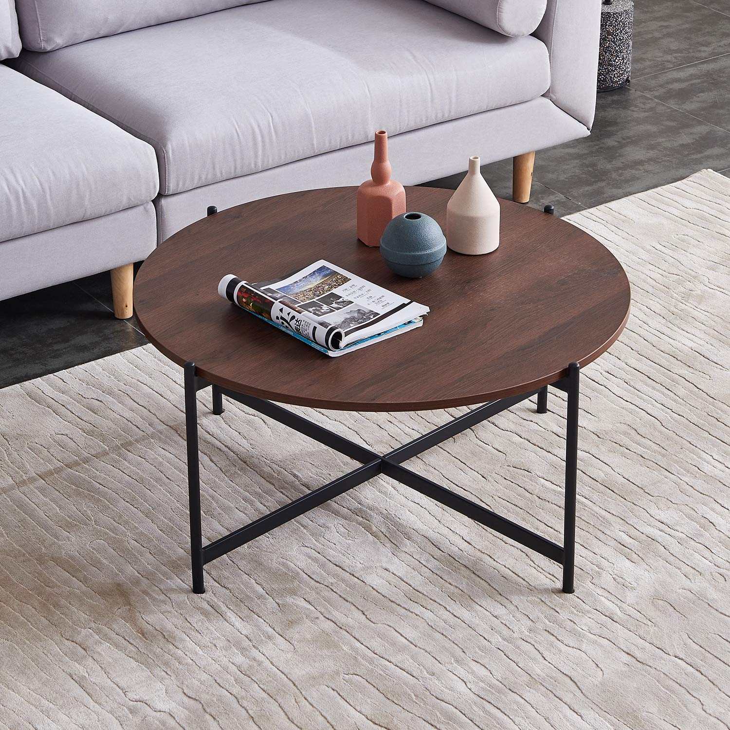 Modern Round Coffee Table with Black Metal Frame - Walnut Black Accent End Table for Living Room & Bedroom | Perfect Sofa Side Table for Coffee, Tea, and Reading Nook Decor