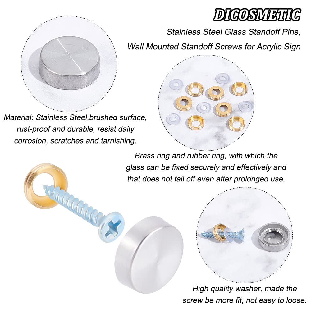 DICOSMETIC 32-Pack Stainless Steel Mirror Screws with Decorative Gold Caps - Wall Mounted Fasteners for Decorative Mirrors, Advertising Displays & Home Décor Hardware