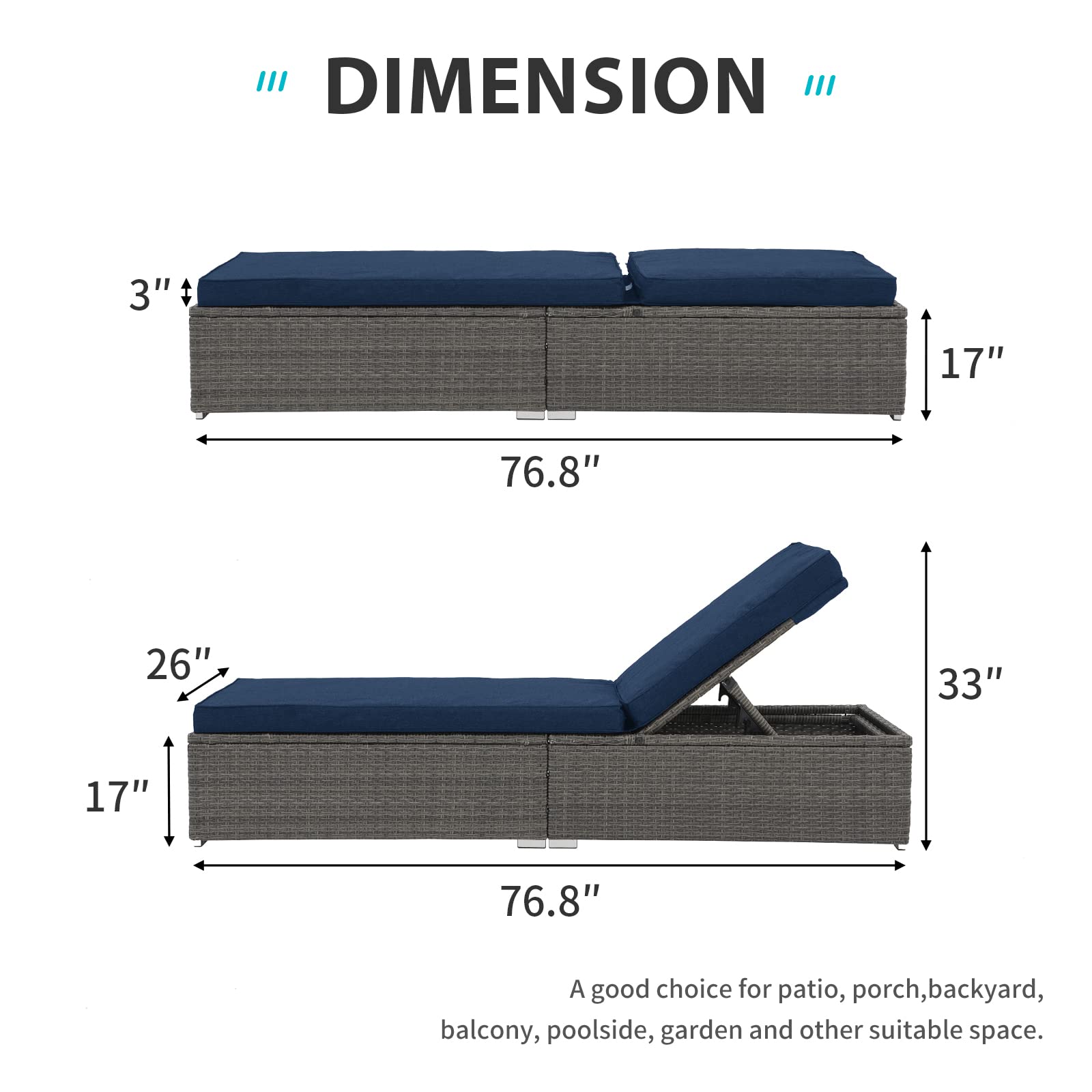 Verano Garden Outdoor Chaise Lounge Patio Pool Lounge Chairs - 2-Pack Wicker Rattan Reclining Folding Loungers with Adjustable Backrest & Removable Dark Blue Cushions - Perfect for Poolside, Beach, Backyard & Patio Relaxation