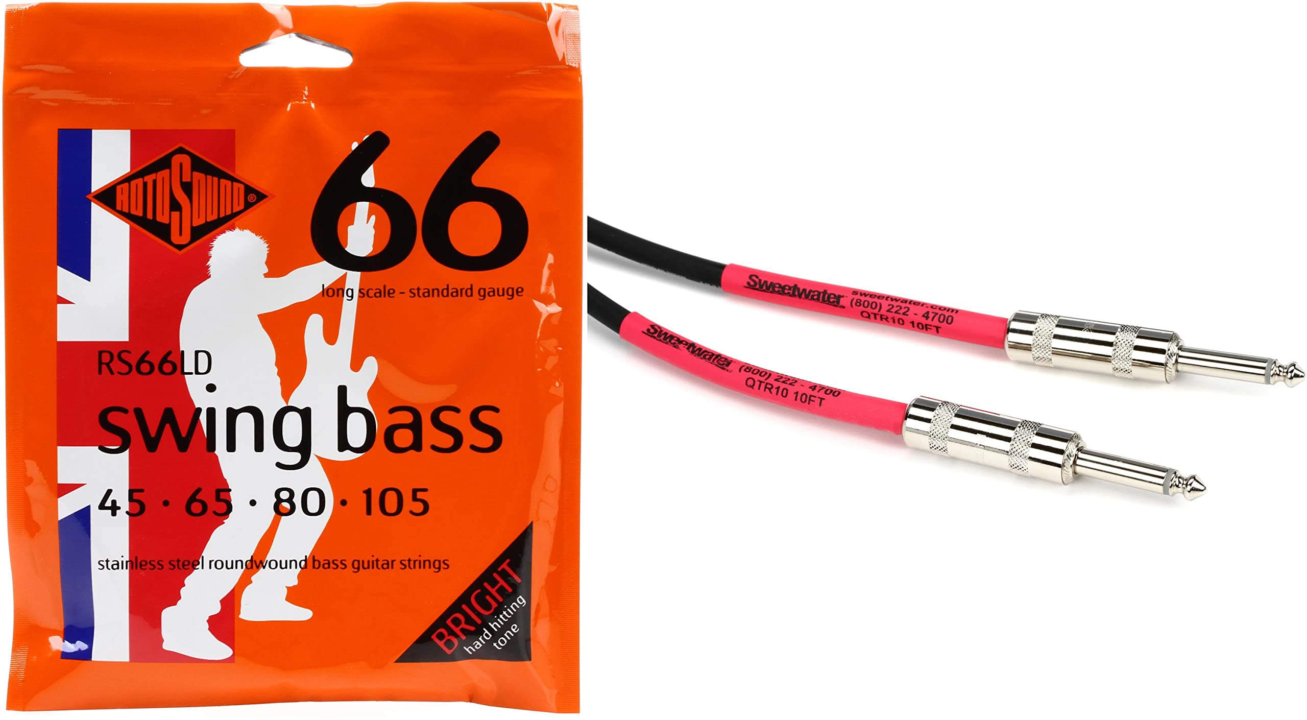 Rotosound RS66LD Swing Bass 66 Stainless Steel Roundwound Bass Guitar Strings - .045-.105 Gauge, Standard Long Scale 4-String Set with EGSS-10 | Perfect for Rock, Jazz & Studio Recording
