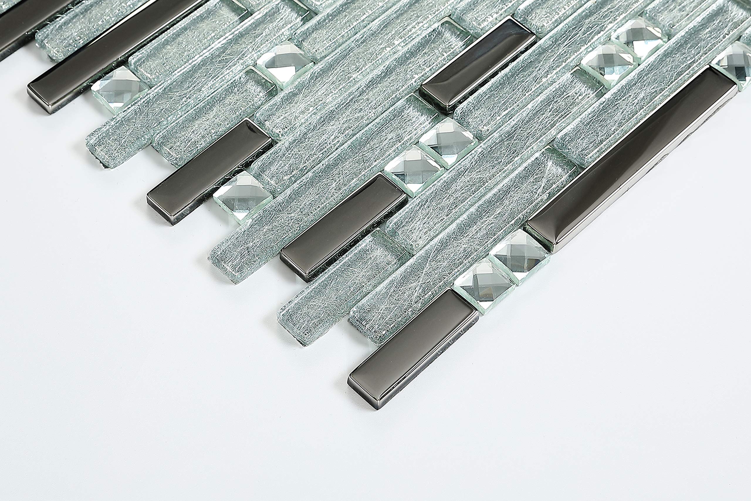 Sparkling Silver Crystal Glass Metal Mosaic Tiles - Stain Resistant Linear Design for Kitchen Backsplash, Bathroom & Shower Walls (6 Sq Ft) - Perfect for Modern Home Decor and Commercial Spaces