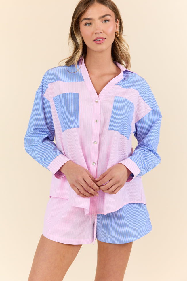 Perfect Days Blue and Pink Color Block Striped Long Sleeve Lounge Top - Soft Comfortable Women's Casual Shirt for Home, Yoga & Relaxation