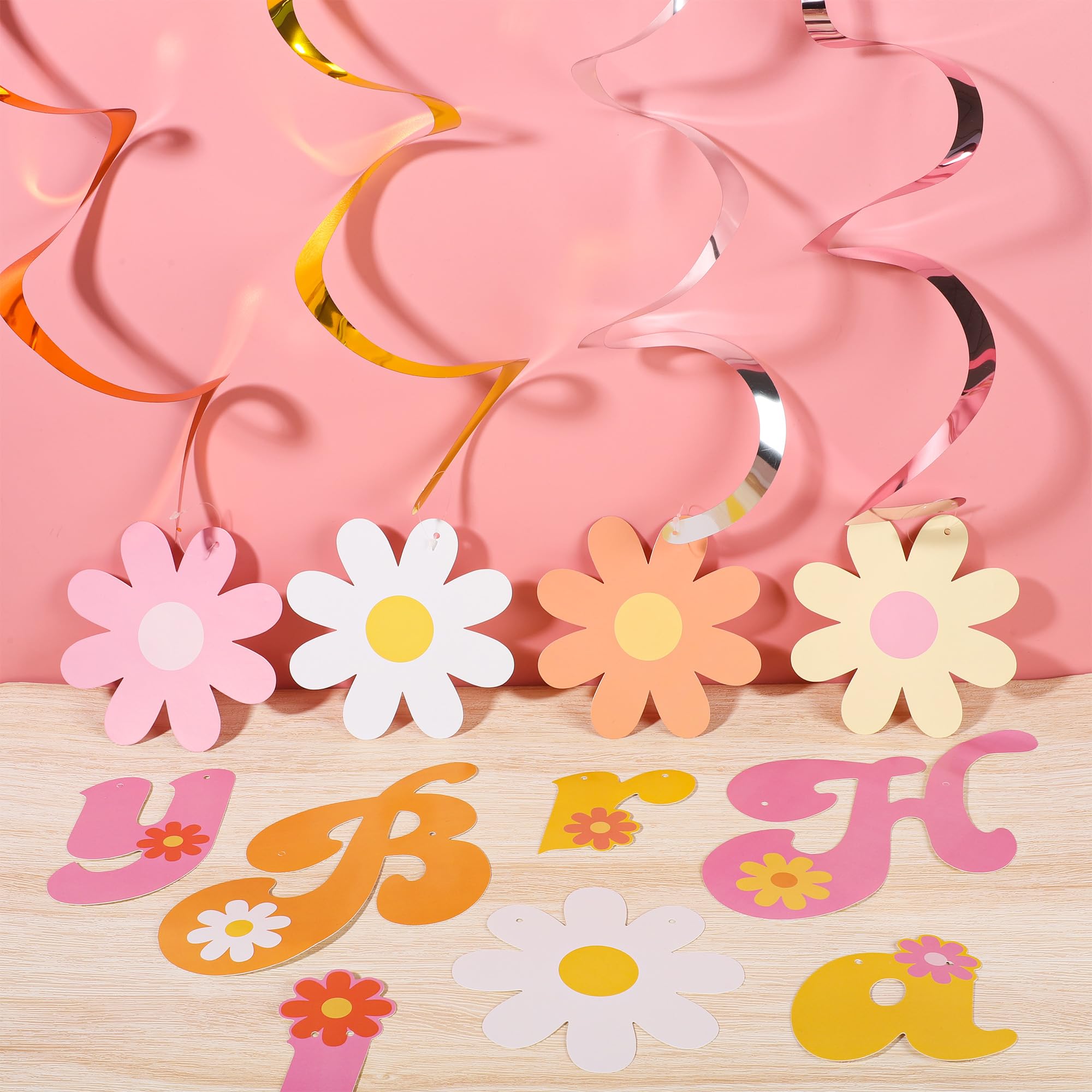 26 PCS Boho Happy Birthday Party Decorations - Retro Daisy Flower Hanging Swirls & Ceiling Streamers for Hippie Themed Parties, Baby Showers, Wedding Decor & Home Celebration
