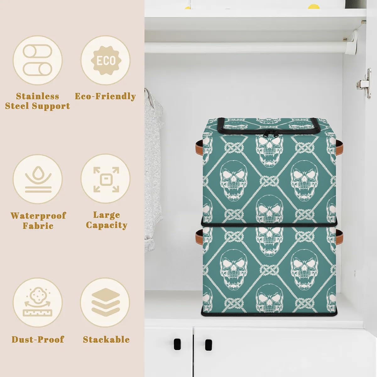 2-Pack Skeleton Rope Plaid Storage Bins with Zipper Lid | Stackable Closet Organizer Baskets with Metal Frame & PU Handles | Perfect for Clothes, Toys, and Home Organization