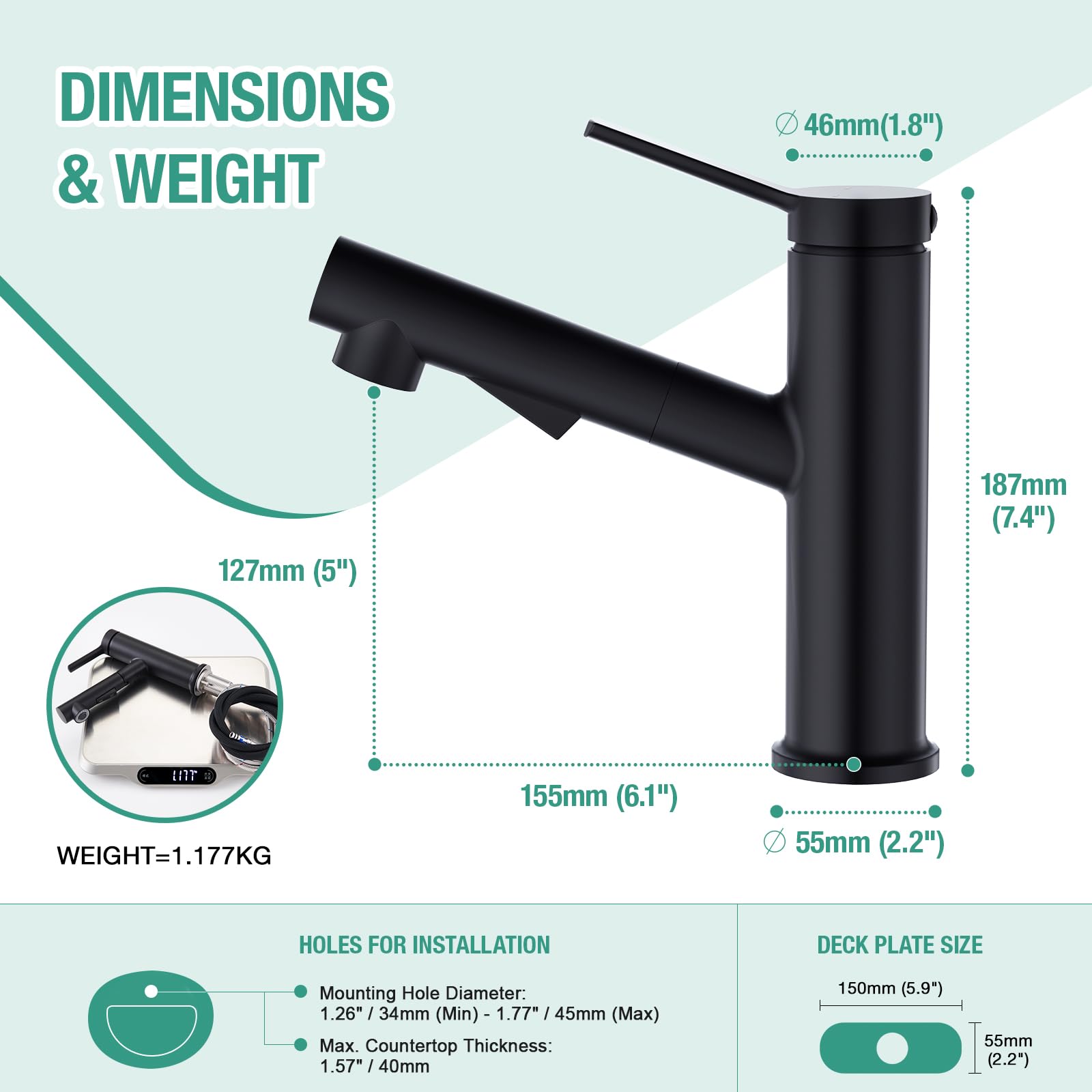 Black Single Handle Bathroom Faucet with Pull Out Sprayer - 1 Hole Basin Mixer Tap with 2 Modes Rotating Spout - Perfect for RV, Bar, Laundry Room & Utility Sink - Includes Sprayer and Pop Up Drain - Modern Water-Saving Design for Home & Commercial Use