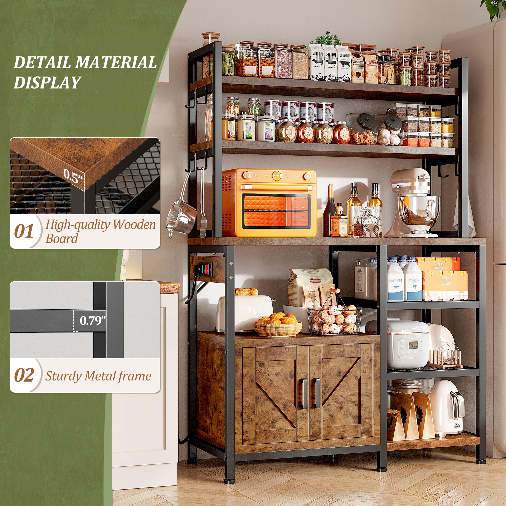 EnHomee 6-Tier Bakers Rack with Power Outlet & Storage Cabinet - Rustic Brown Kitchen Utility Shelf with Side Hooks | Perfect for Coffee Bar, Microwave Stand & Kitchen Organization