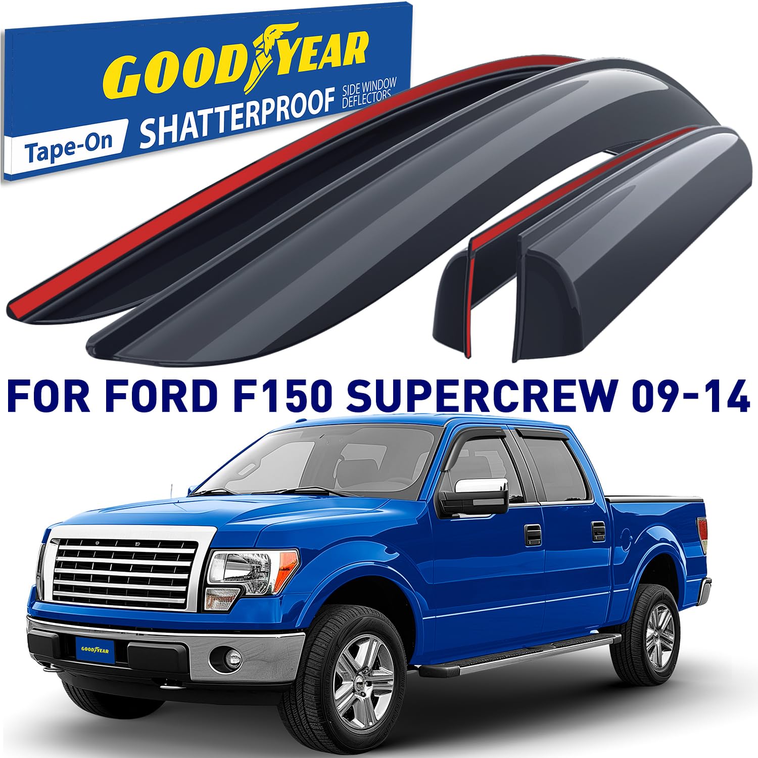 Goodyear Shatterproof Window Deflectors for Ford F150 2009-2014 SuperCrew - 4-Piece Tape-On Rain Guards & Vent Visors - Durable Truck Accessories for Weather Protection & Improved Airflow - Perfect for Rainy Days & Highway Driving