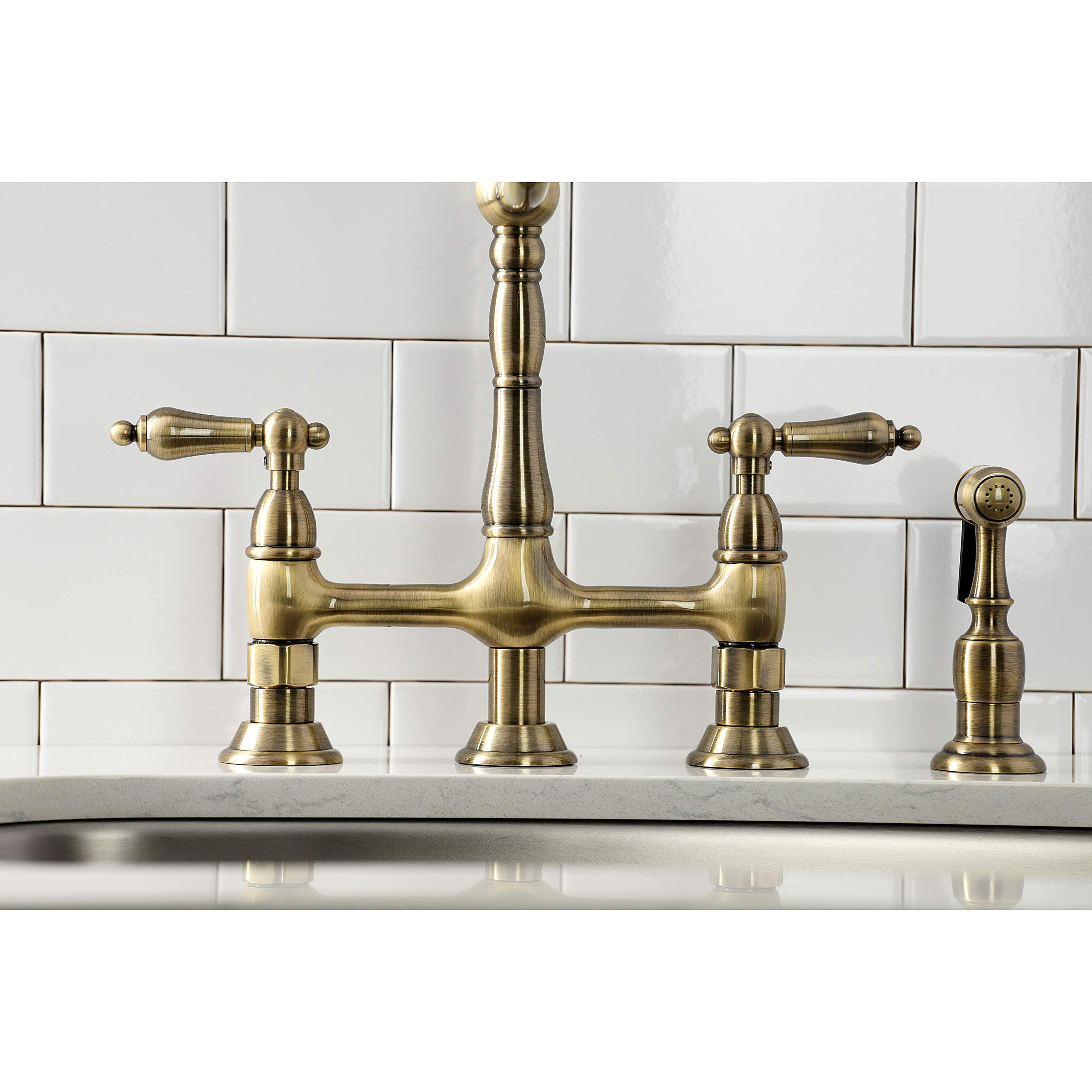 Kingston Brass KS1273ALBS Heritage 8-Inch Kitchen Bridge Faucet with Brass Sprayer - Antique Brass Finish - Perfect for Farmhouse, Vintage & Traditional Kitchen Sinks