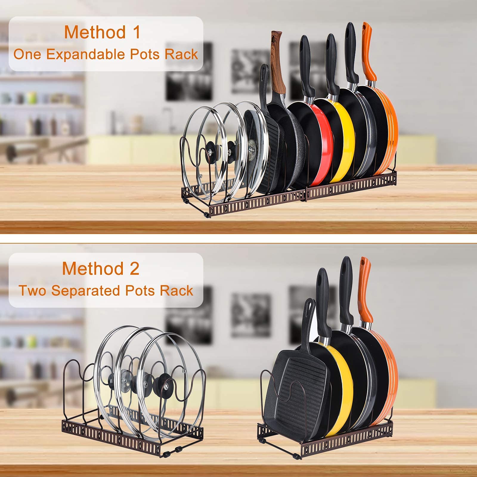 Toplife Adjustable 3-in-1 Kitchen Organizer Rack - Holds 7 Lids, 10 Bakeware & 1 Pan - Space Saving Cabinet & Counter Storage Solution for Pots, Pans & Kitchen Accessories - Perfect for Small Kitchens & Organized Cooking Spaces (Brown)