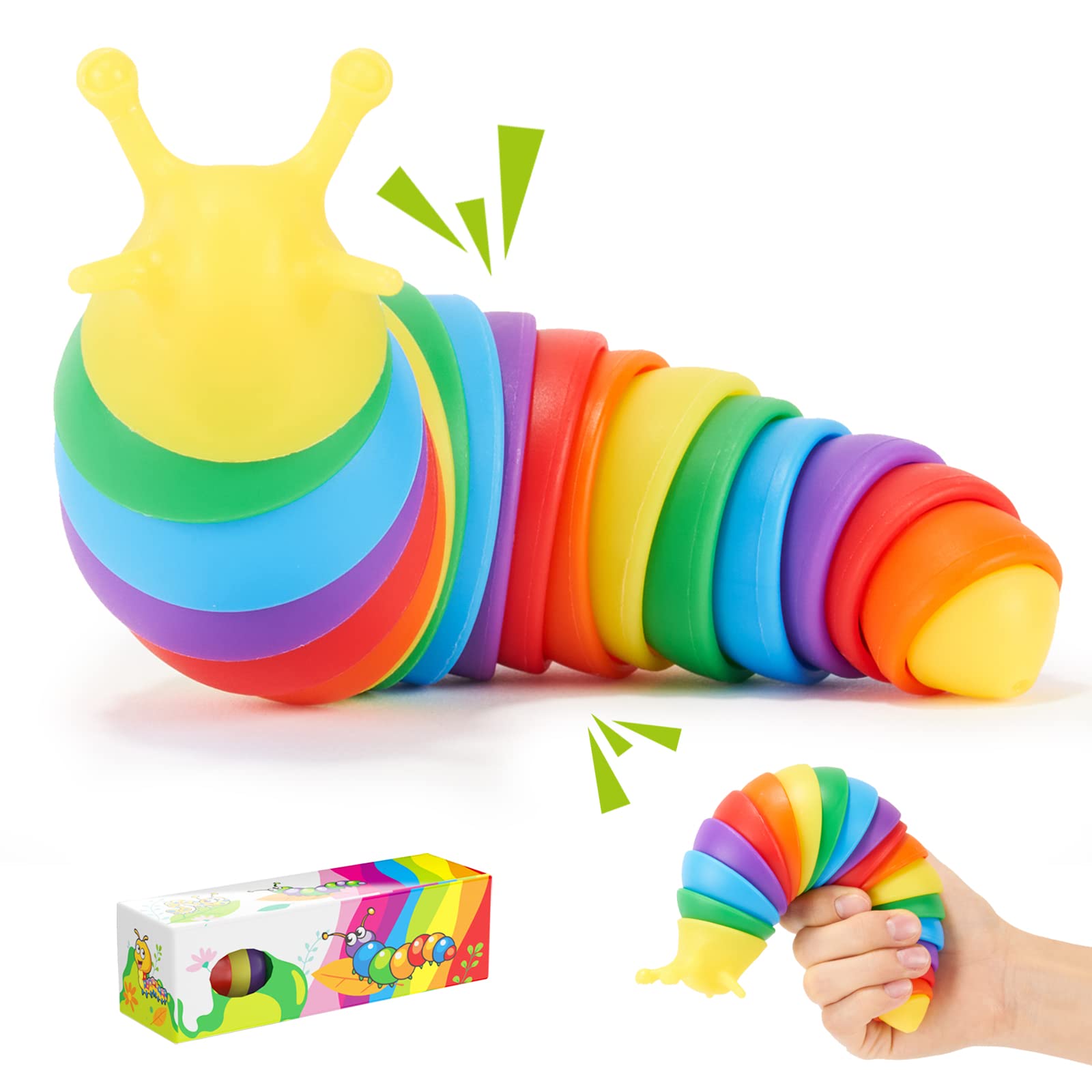 3D Articulated Fidget Slug Sensory Toy - Stress Relief & Relaxation for Kids, Adults - Mini Rainbow Finger Toy for Halloween, Parties, Gifts (Yellow Head-Rainbow) | Perfect for ADHD, Anxiety & Classroom Focus