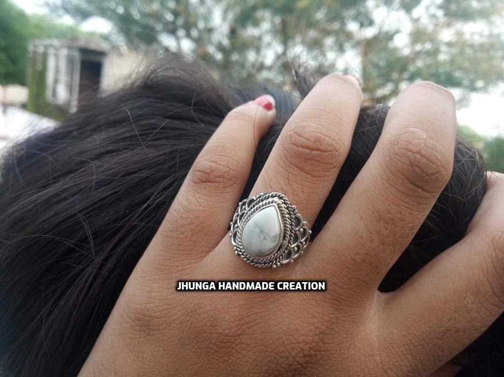 Healing White Howlite Ring - 925 Sterling Silver Bohemian Gypsy Ring, Vintage Southwestern Style with Turquoise Accents - Perfect Promise Ring, Buffalo Ring & Bridesmaid Gift for Women (Ideal for Spiritual Healing, Boho Fashion & Special Occasions)