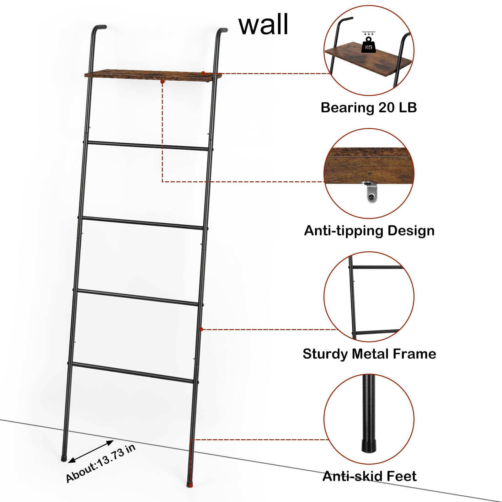 Farmhouse Blanket Ladder with Storage Shelf - Rustic Wall Leaning Decorative Ladder for Quilts, Towels & Blankets | Perfect for Living Room, Bedroom & Bathroom Organization | Black Wooden Home Decor for Cozy Farmhouse Style