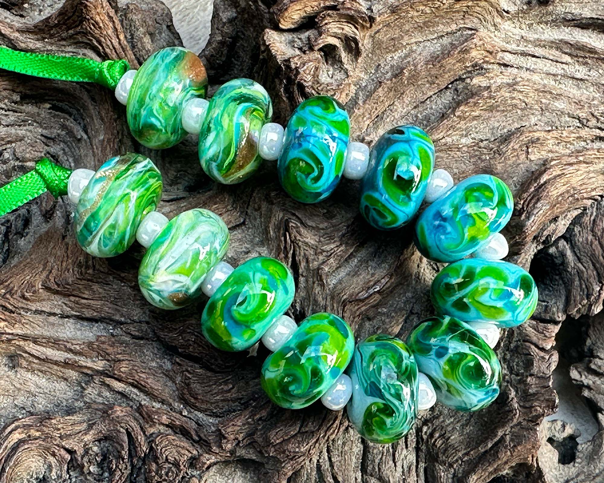 12pcs Caribbean Green Blue Lampwork Glass Beads Set for Jewelry Making - DIY Bracelet, Necklace, Earrings Craft Supplies - Perfect for Boho, Beach, Summer Fashion Accessories