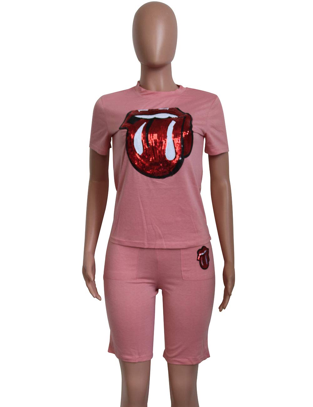 AKMIPOEM Women's 2-Piece Summer Outfit - Short Sleeve Lip Print T-Shirt & Biker Shorts Tracksuit Set | Casual Streetwear, Gym Workout & Vacation Outfits