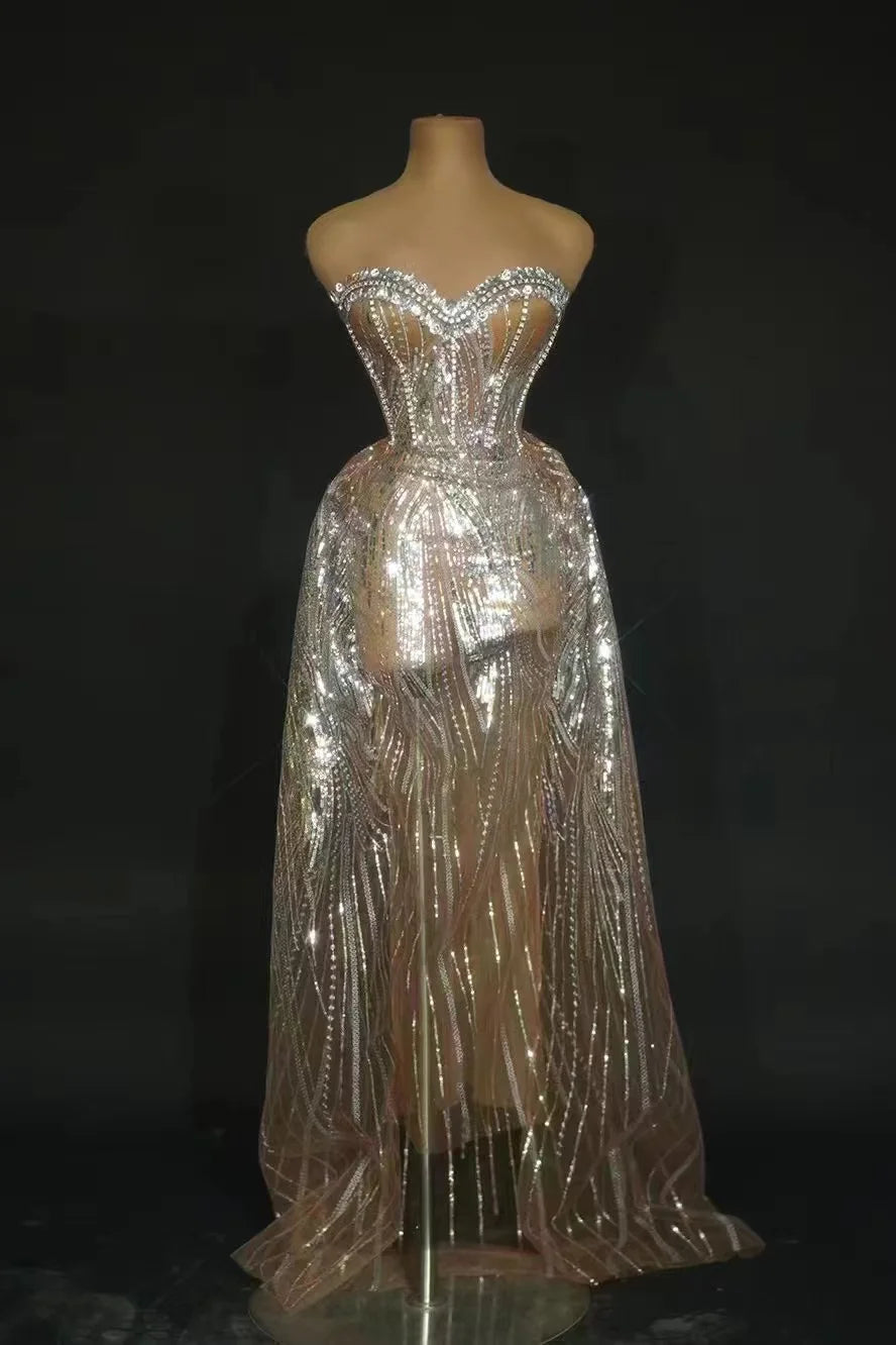 2024 New Silver Sparkly Crystal Strapless Lace-Up 2-Piece Long Dress for Women - Perfect for Birthday Celebrations, Photo Shoots & Performances | Elegant Evening Gown for Parties, Prom & Special Occasions