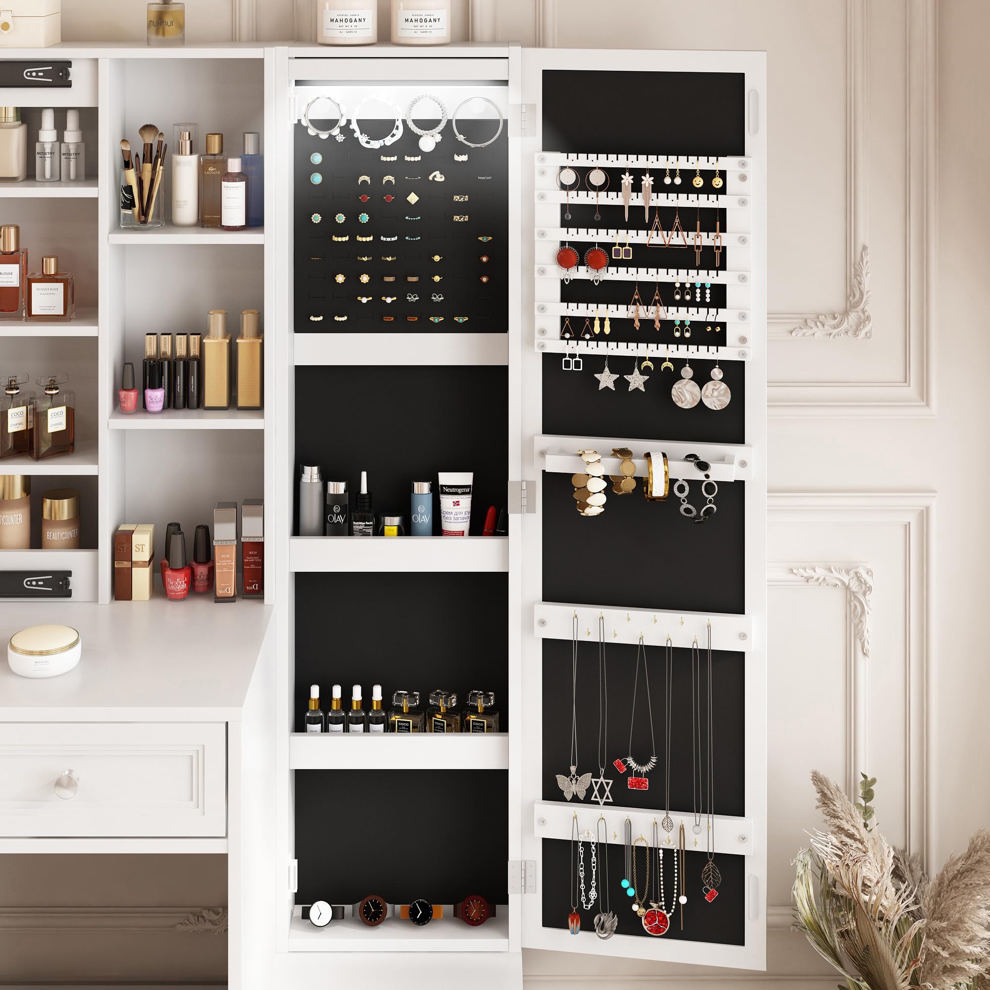 LED Makeup Vanity Desk with Sliding Mirror & Jewelry Cabinet - Adjustable Brightness Dressing Table with 4 Drawers, Charging Station & Storage Shelves - Includes Cushioned Stool Set for Bedroom, Salon & Home Beauty Station