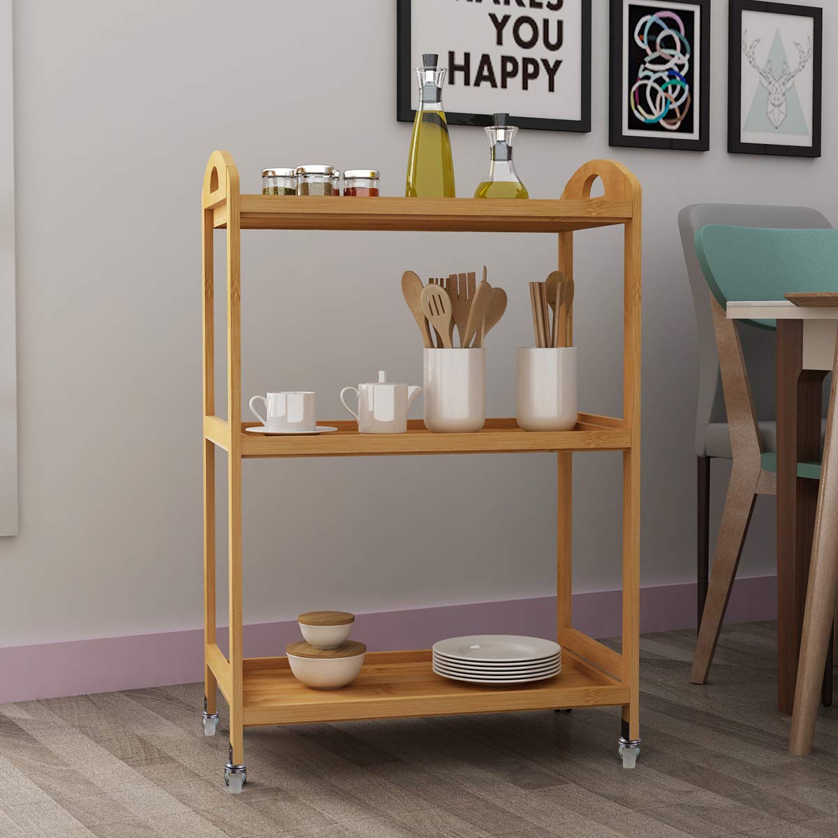 DlandHome 3-Tier Rolling Storage Shelf - Bamboo Utility Cart with Wheels & Handles for Kitchen, Pantry, Warehouse Organization | Space-Saving Mobile Storage for Home & Office Use