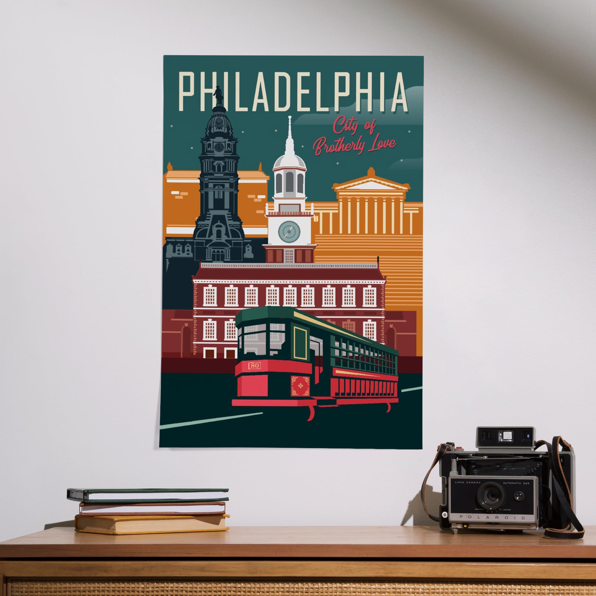 16x24 Inch Giclee Print of Philadelphia Pennsylvania - City of Brotherly Love with Vector Art Trolley - Perfect for Home Decor, Office Wall Art & Gift Ideas