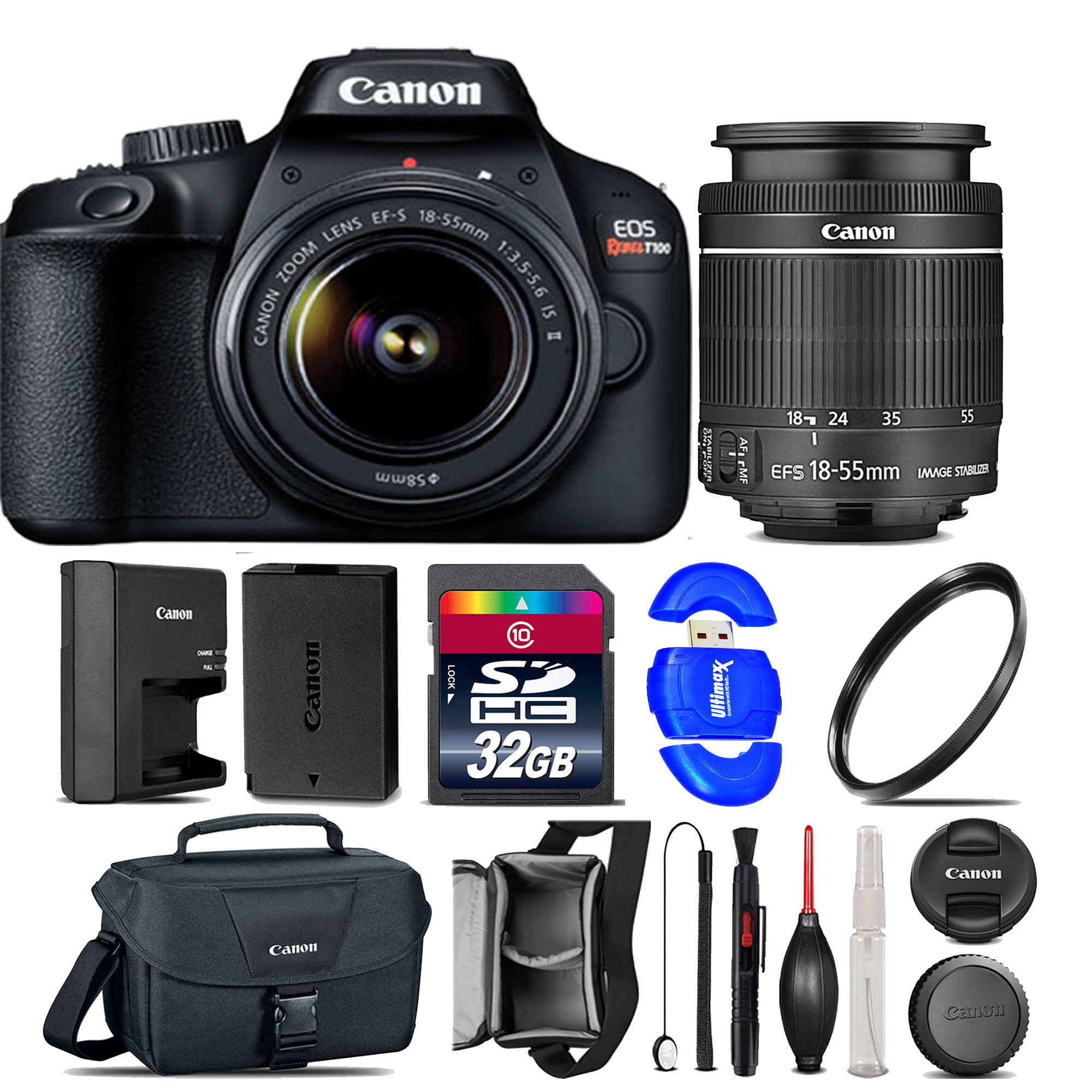 Canon EOS T100/4000D DSLR Camera with EF-S 18-55mm f/3.5-5.6 IS II Lens Kit | Includes Canon Case, UV Filter & 32GB SD Card - Perfect for Travel Photography, Vlogging & Beginner Photographers