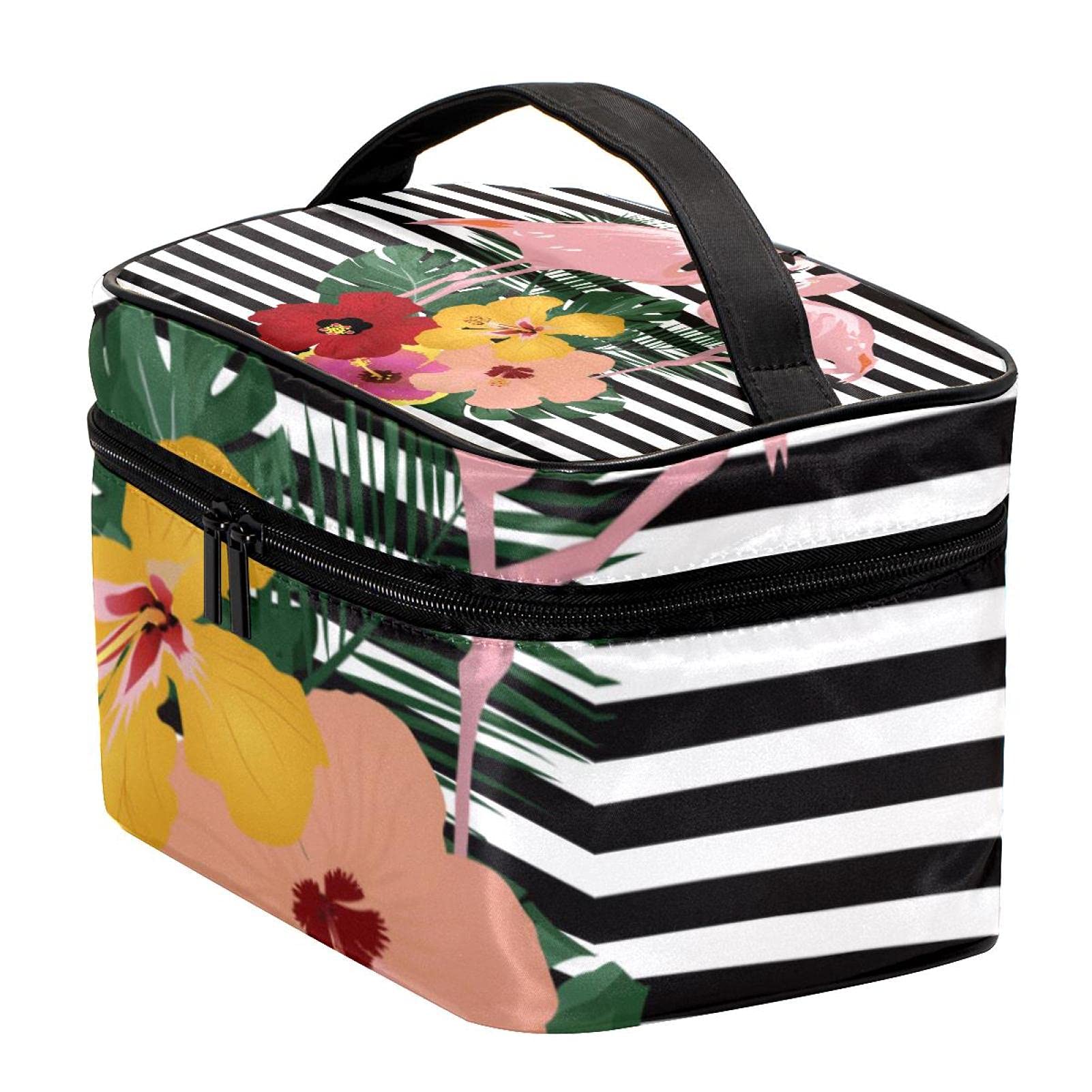 Pink Flamingo & Stripes Large Travel Makeup Bag - Waterproof Cosmetic Organizer with Zipper for Women & Girls | Perfect for Vacations, Beach Trips & Gym Essentials