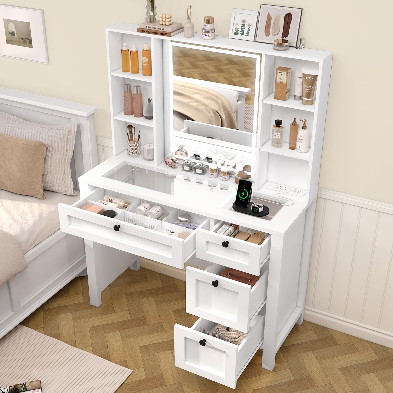 White Vanity Desk with Glass Tabletop, Power Outlet & LED Lights - Makeup Vanity Set with Mirror, 4 Drawers & 6 Shelves - Perfect Dressing Table for Bedroom, Home Decor & Beauty Routine
