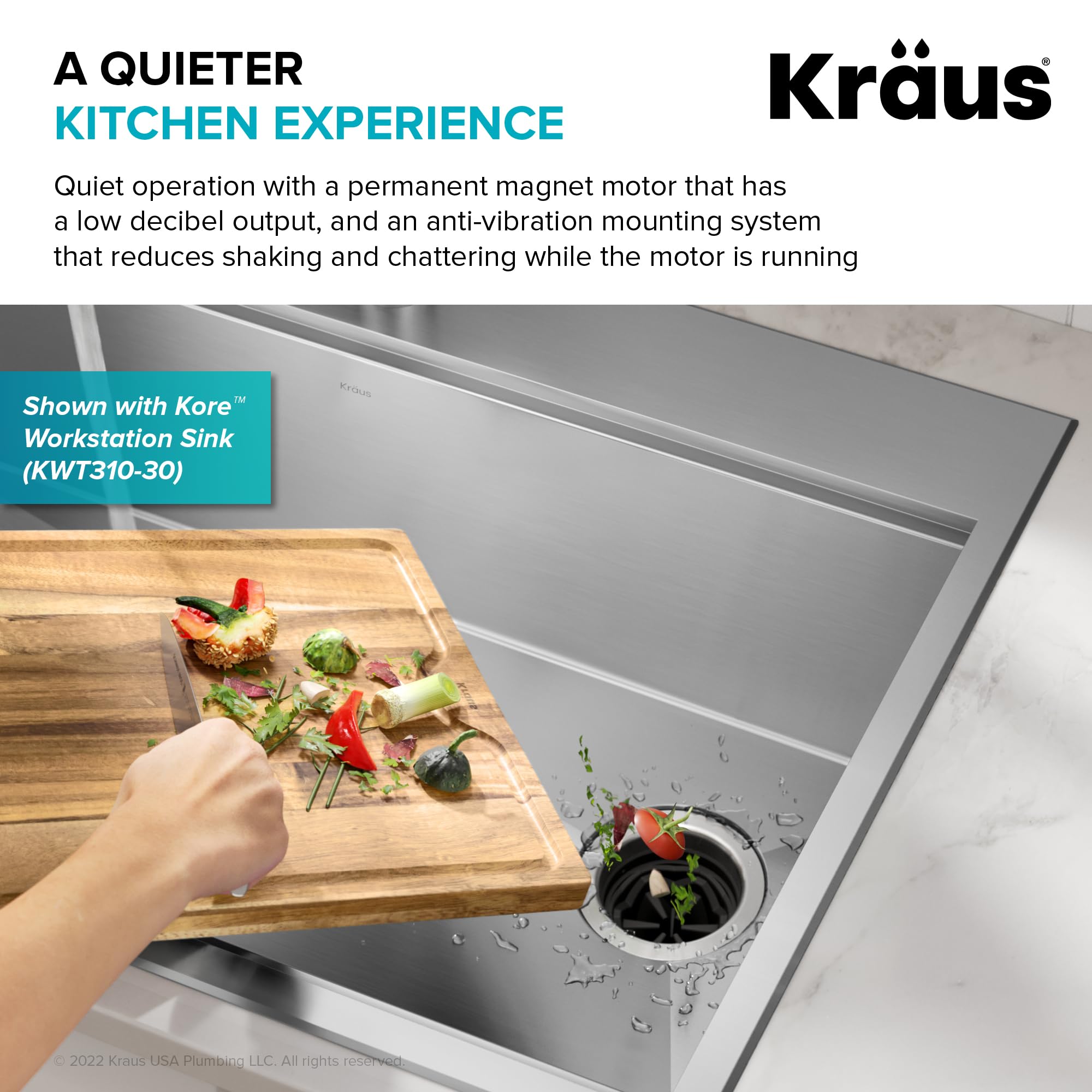 KRAUS WasteGuard 1 HP High-Speed Continuous Feed Garbage Disposal - Ultra-Quiet Motor, Includes Power Cord & Universal Mount (KWD200-100MGR) - Perfect for Kitchen Sink Waste Disposal & Food Scrap Recycling