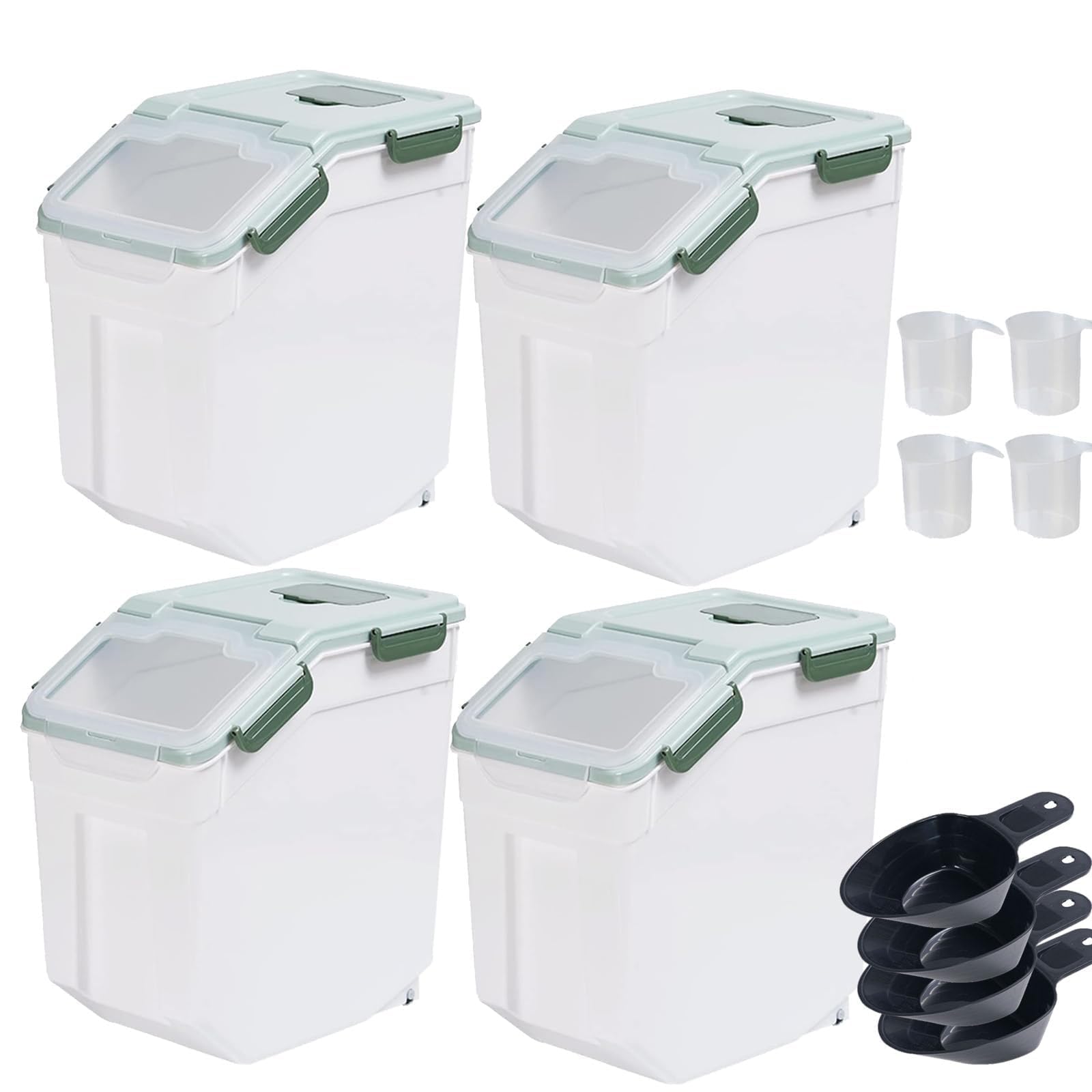 25lb Large Airtight Flour Storage Container with Wheels & Locking Lid - 4 Pack BPA-Free Food Storage Bins for Flour, Rice, Grains & Dry Foods - Includes Measuring Scoop - Perfect for Kitchen Pantry Organization & Bulk Food Storage (Green)