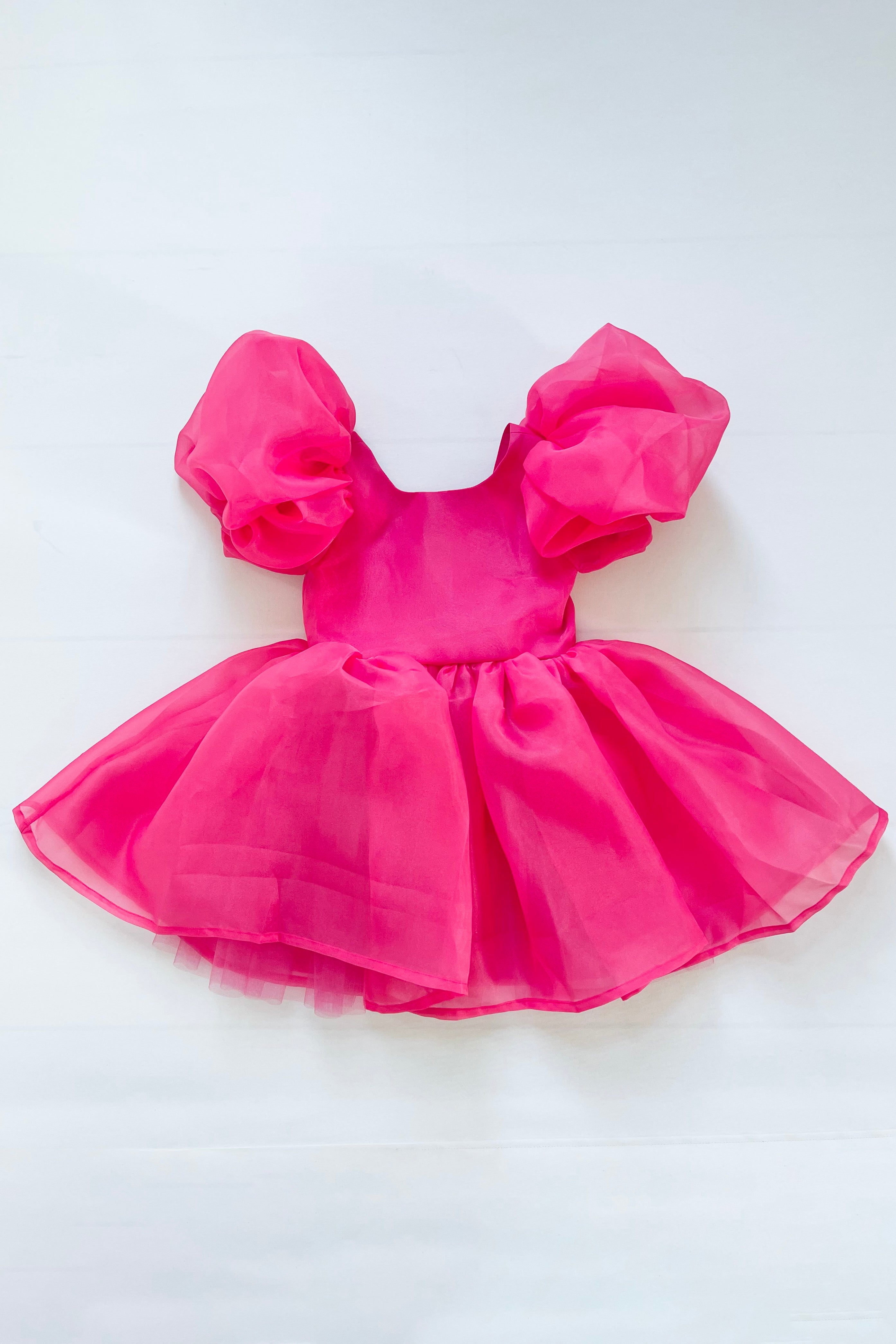 Elegant Hot Pink Satin Organza Puff Sleeve Party Dress for Women - Perfect for Weddings, Proms, and Special Occasions