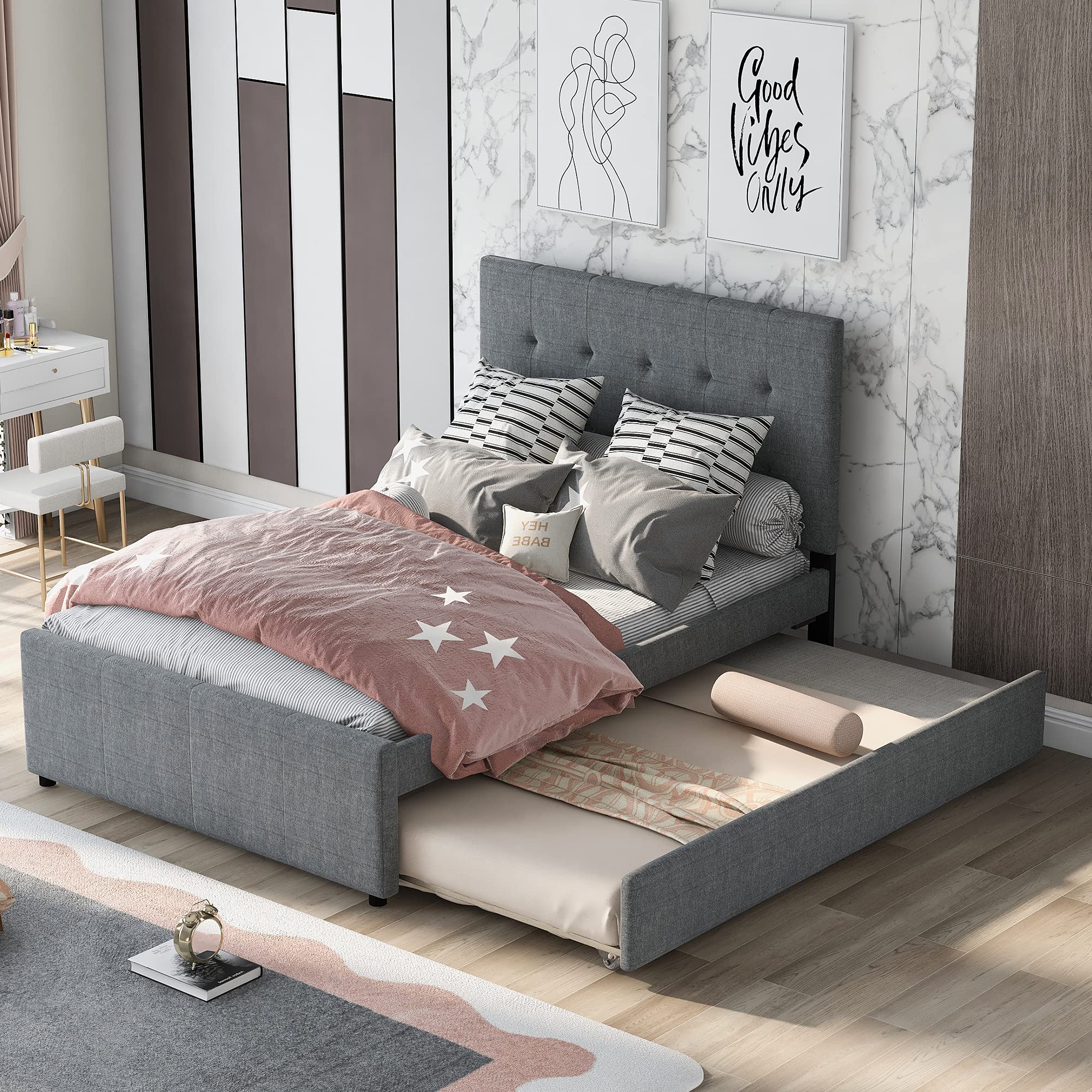 Upholstered Platform Bed with Trundle - Full Size Linen Fabric Wood Slat Support, No Box Spring Needed - Perfect for Guest Rooms, Small Spaces & Modern Bedrooms