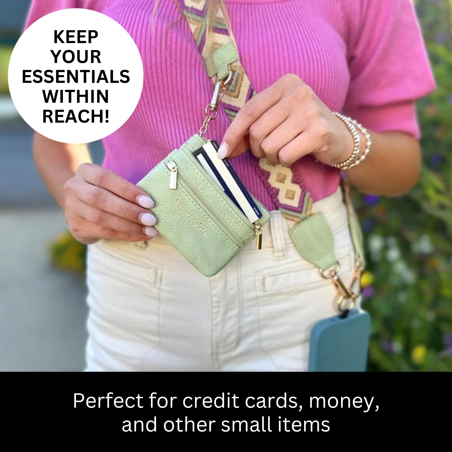 Original Clip and Go Phone Strap (Green/Purple Pattern) - Crossbody Phone Lanyard with Zipper Wallet Pouch - Hands-Free Phone Holder for Travel, Shopping, and Outdoor Activities