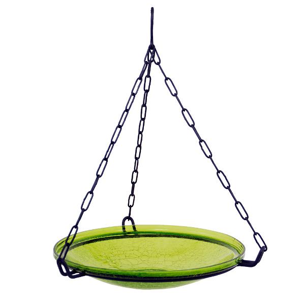 Fern Green Crackle Glass Birdbath Bowl for Garden Decor - Handmade Outdoor Bird Feeder with Crackled Texture, Perfect for Attracting Birds to Your Backyard or Patio