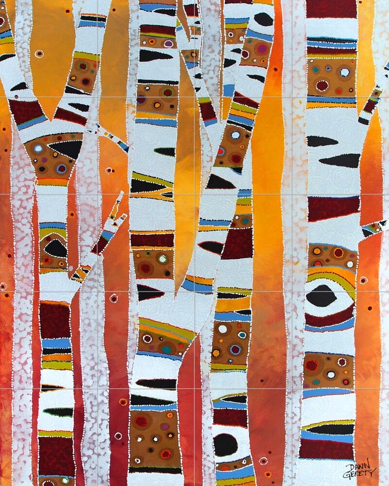 Ceramic Backsplash Tile Mural - Woodland Landscape with Birch Trees in Fall Colors for Kitchen, Bathroom & Living Room - Handmade Home Decor by Dawn Gerety - Perfect for Rustic, Farmhouse & Nature-Inspired Interior Design
