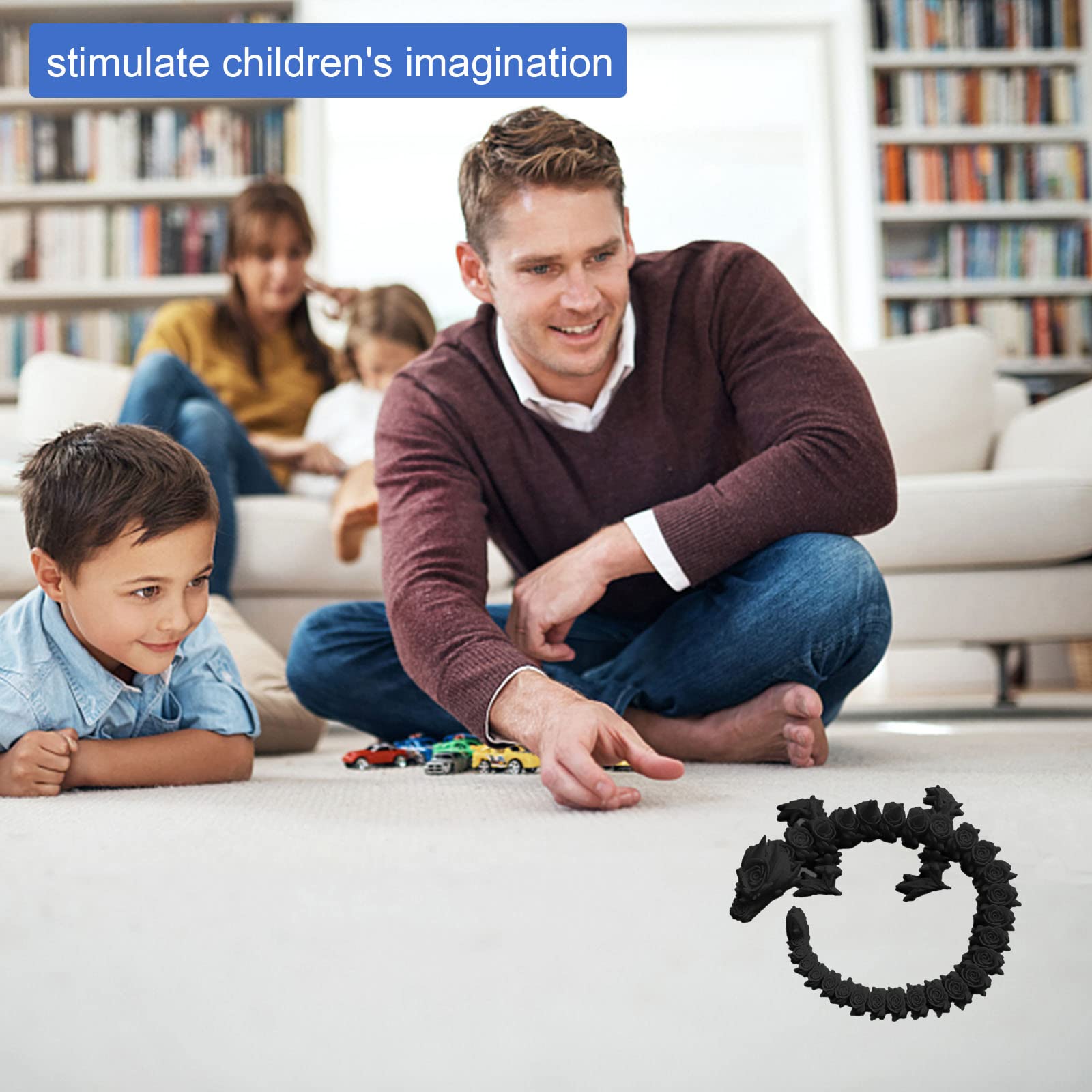 3D Printed Rose Dragon Articulated Toy - Rotatable & Poseable Joints for Stress Relief - Anxiety Relief Dragon Action Figure for Kids & Adults (21.7in Black) - Perfect for Desk Decor, Gift Giving, and Collectible Display