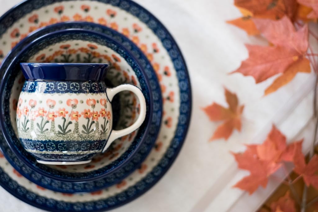Handmade Blue Rose Polish Pottery Peach Posy Bubble Mug - Vintage Ceramic Coffee Tea Cup for Home Office Gift