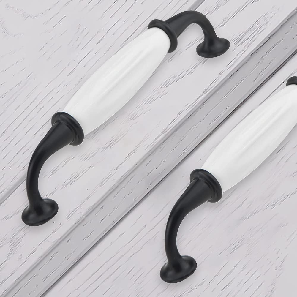 12 Pack Ceramic Drawer Pulls 5 Inch Hole Centers - Modern White & Black Cabinet Handles for Wardrobe, Dresser, Closet - Includes Mounting Screws - Perfect for Home Office, Bedroom Furniture & Kitchen Cabinets