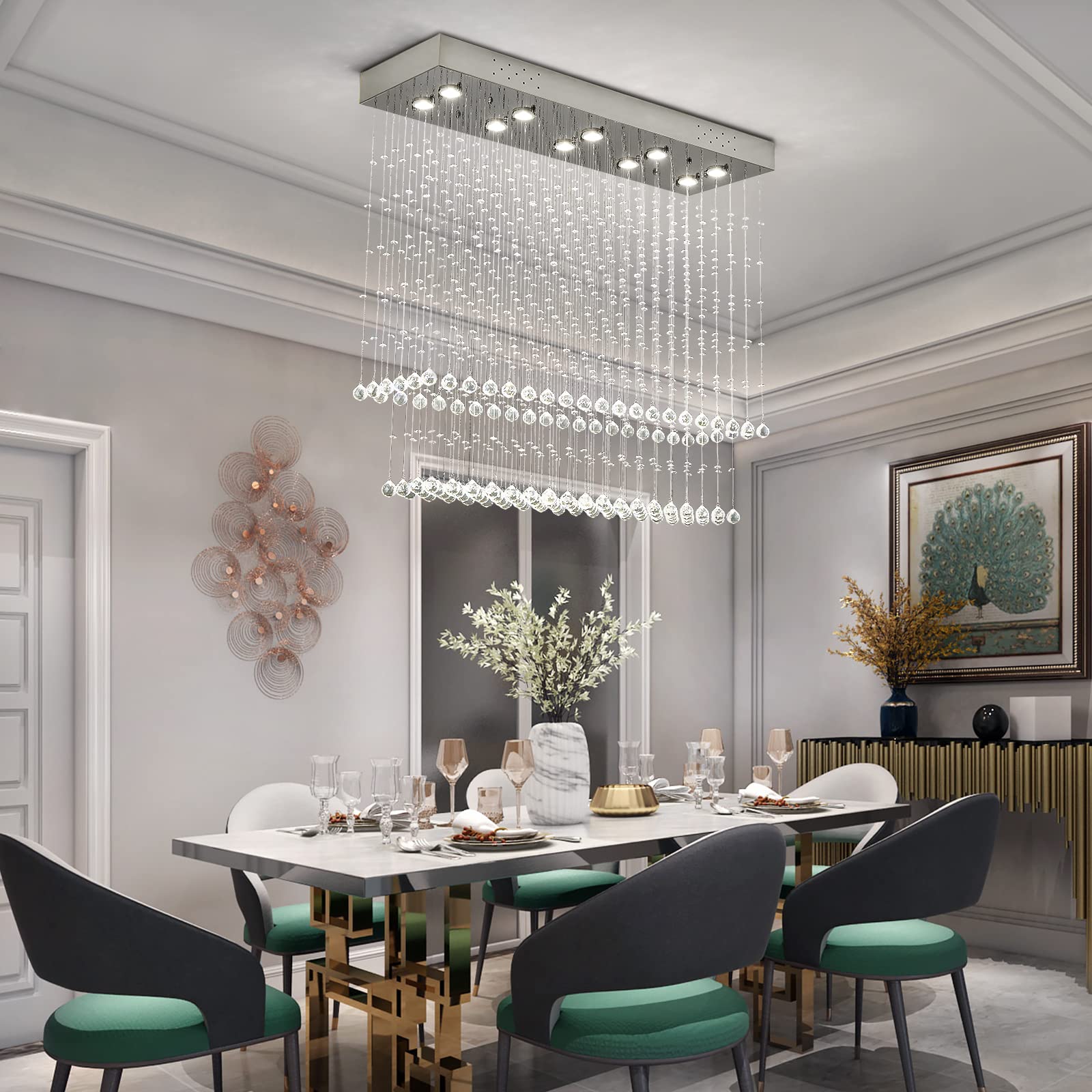 Moooni Modern Rectangular Crystal Chandelier - 10-Light Raindrop Pendant Ceiling Light Fixture for Dining Room, Foyer, Kitchen (47