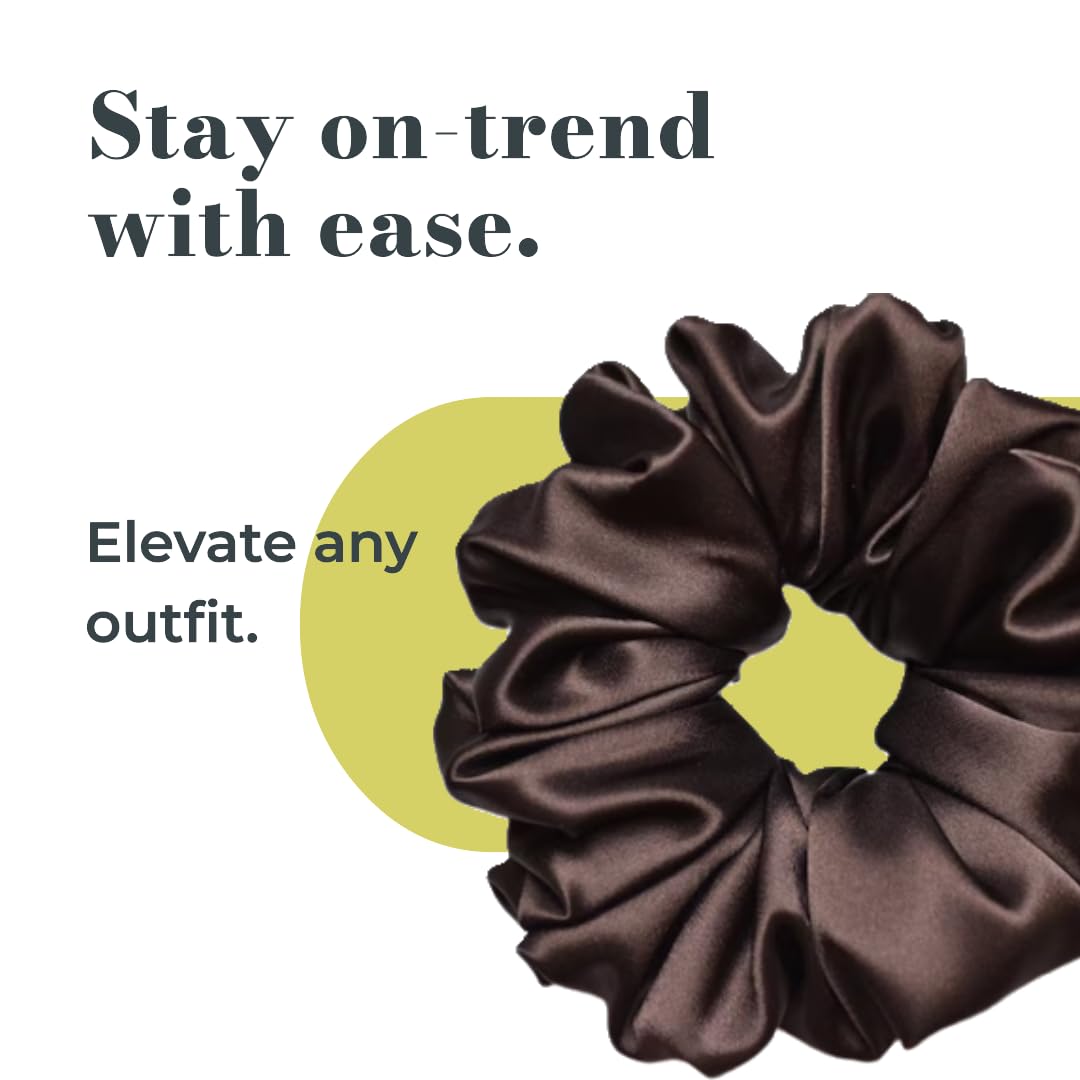 Premium Satin Silk Hair Scrunchies Set of 3 - Soft Ponytail Holders & Volumizing Hair Ties for Women & Girls (Large, Coffee) | Perfect for Work, Gym, Sleep & Everyday Styling