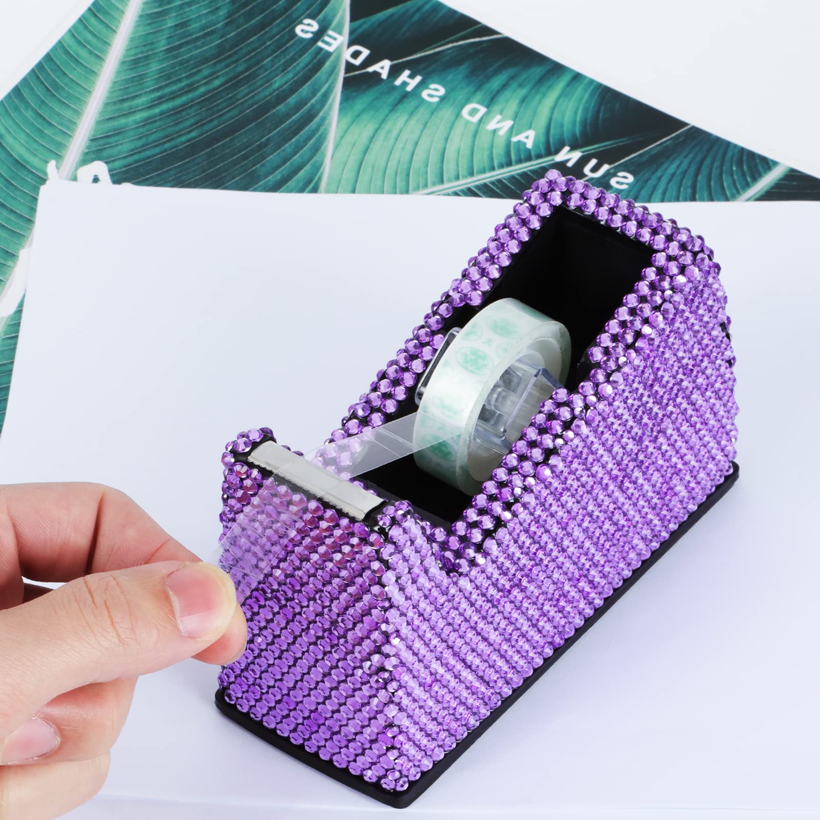 Elegant Purple Crystal Handmade Desktop Tape Dispenser & Stapler Set - Perfect for Office, School, and Home Organization