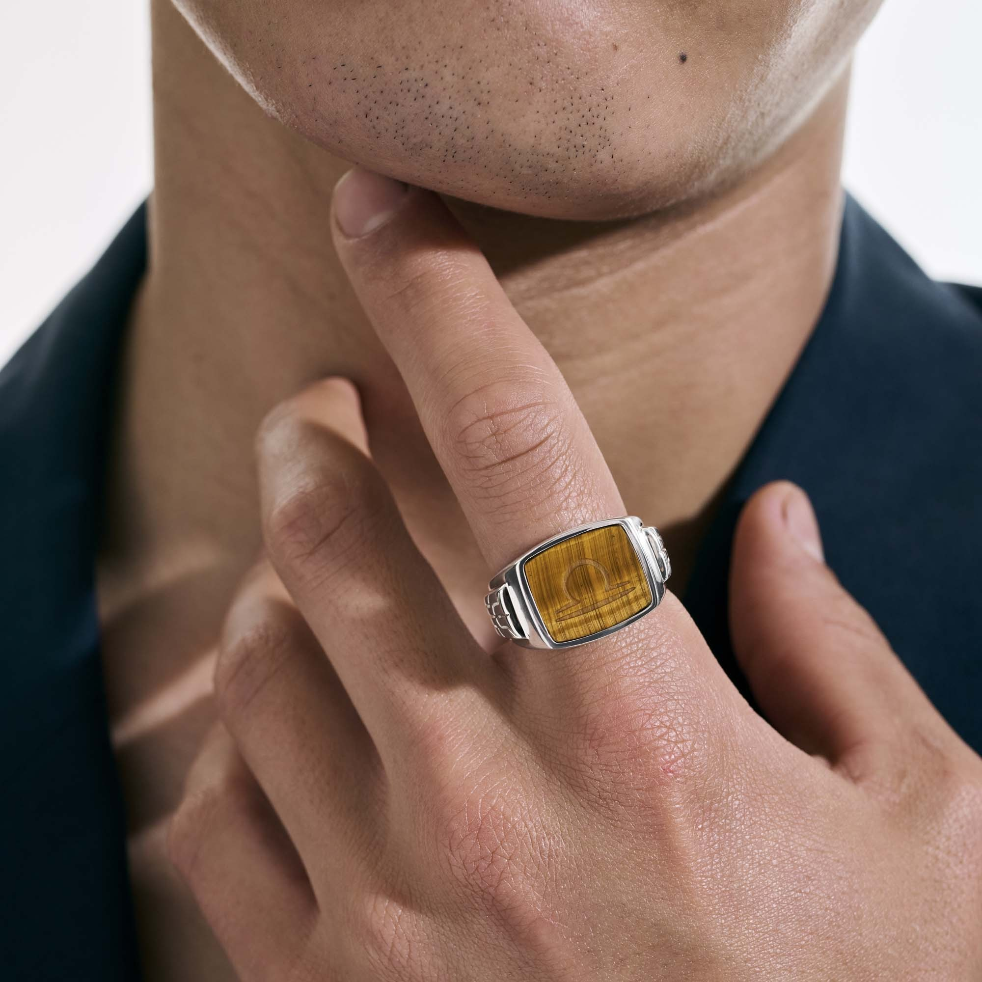 Brown Tiger Eye Carved Signet Ring for Men - Natural Stone Jewelry - Elegant Statement Ring for Business, Wedding & Formal Occasions