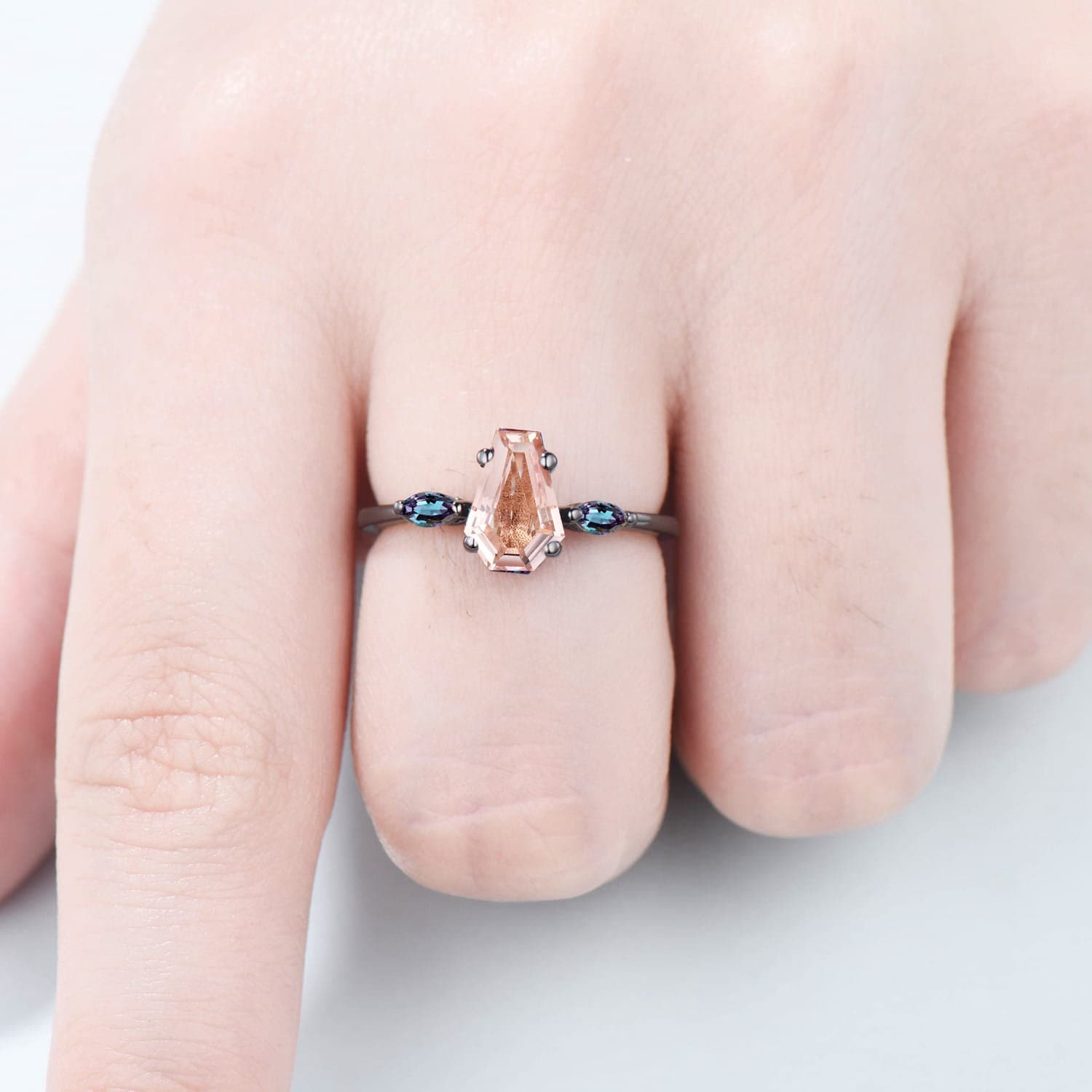 Minimalist Black Gold Coffin Shaped Natural Morganite Ring with Marquise Alexandrite - Handmade 3 Stone Engagement Ring for Women - Perfect Proposal Gift for Anniversary, Wedding & Special Occasions