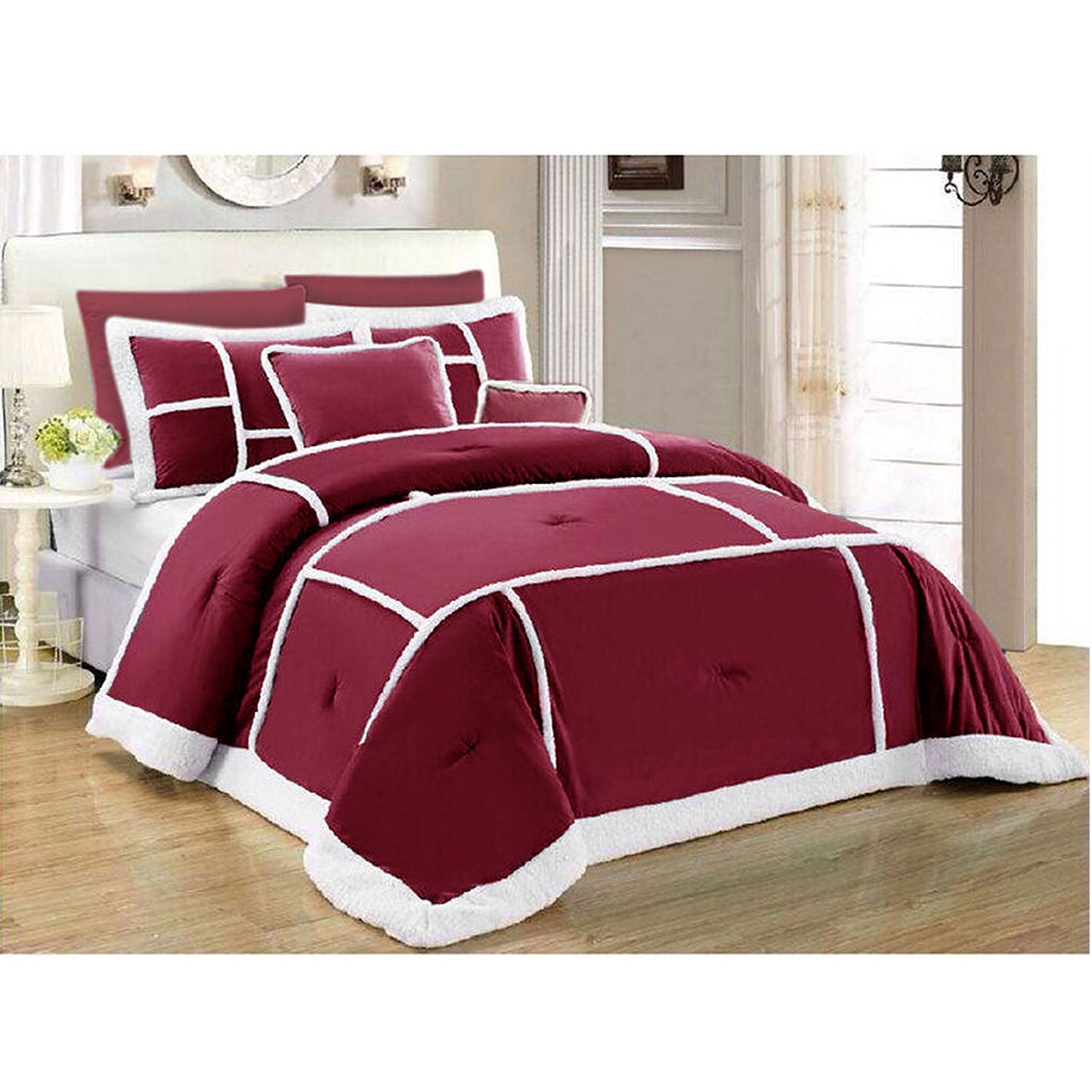 7-Piece Soho Sherpa Comforter Set - Burgundy Queen Size Ultra Soft & Warm Bedding for Winter | Cozy Bedroom Decor & Guest Room Essentials