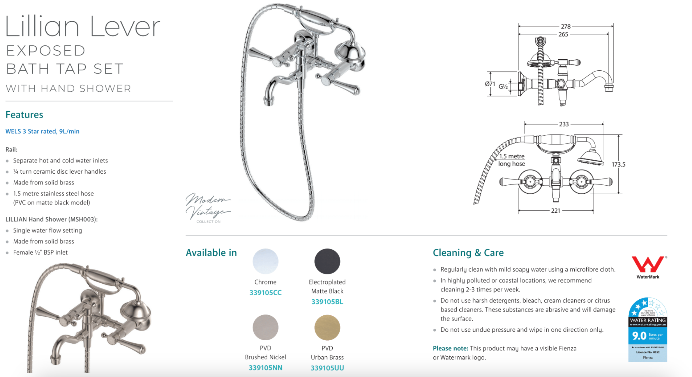 Fienza 339105 Lillian Lever Exposed Bathroom Faucet Set with Hand Shower, Brushed Nickel Finish - Perfect for Modern Bathroom Renovations and Spa-Like Showers