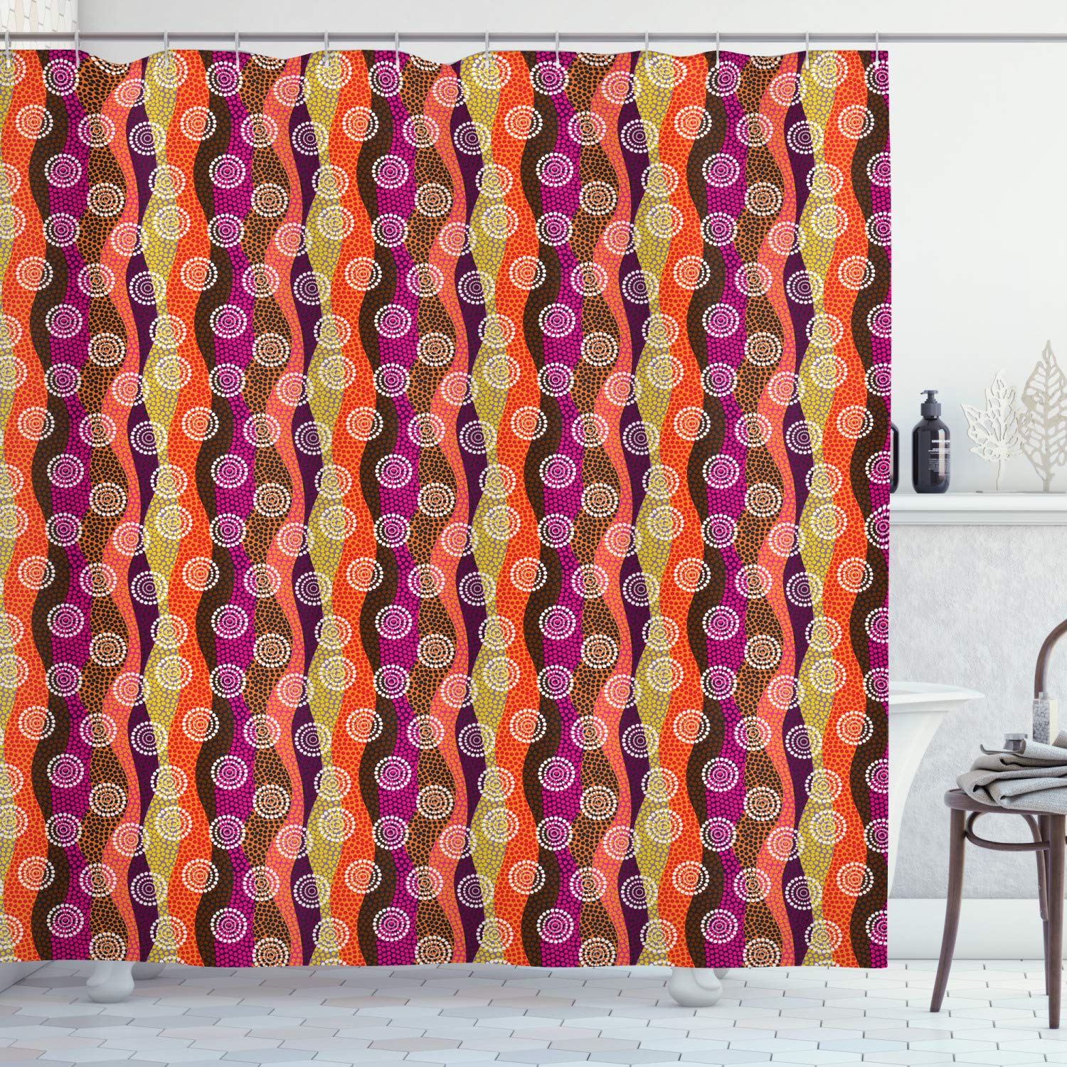 Ambesonne Abstract Shower Curtain with Circles & Dots Folkloric Design - 69x70 Inch Colorful Fabric Bathroom Decor Set with Hooks - Waterproof & Mold Resistant for Modern & Vintage Bathrooms